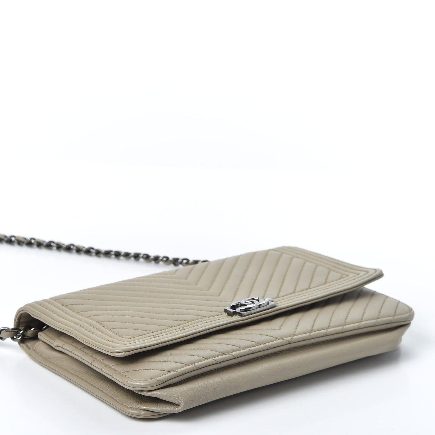 Lambskin Chevron Quilted Boy Wallet On Chain WOC Grey