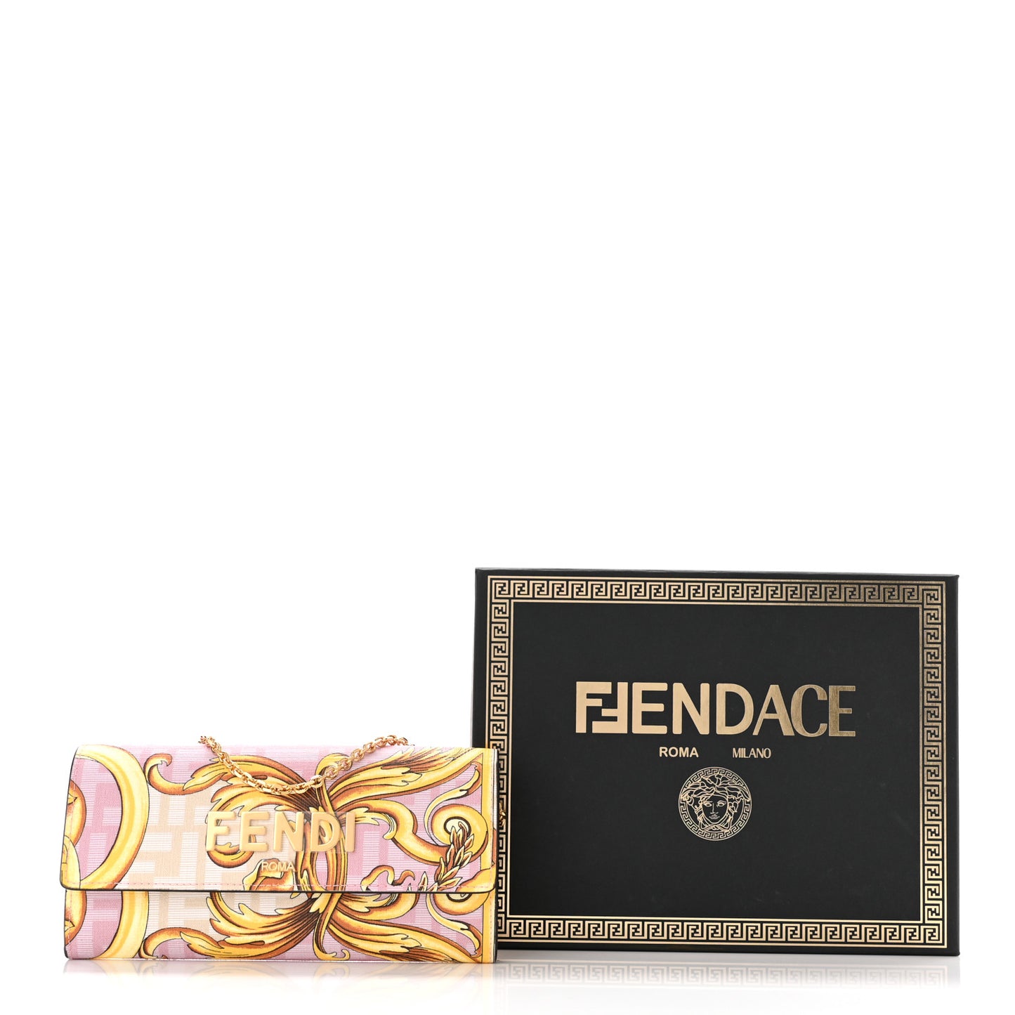X VERSACE Glazed Fabric Fendace FF Baroque Continental Wallet On Chain Gold White Rosa