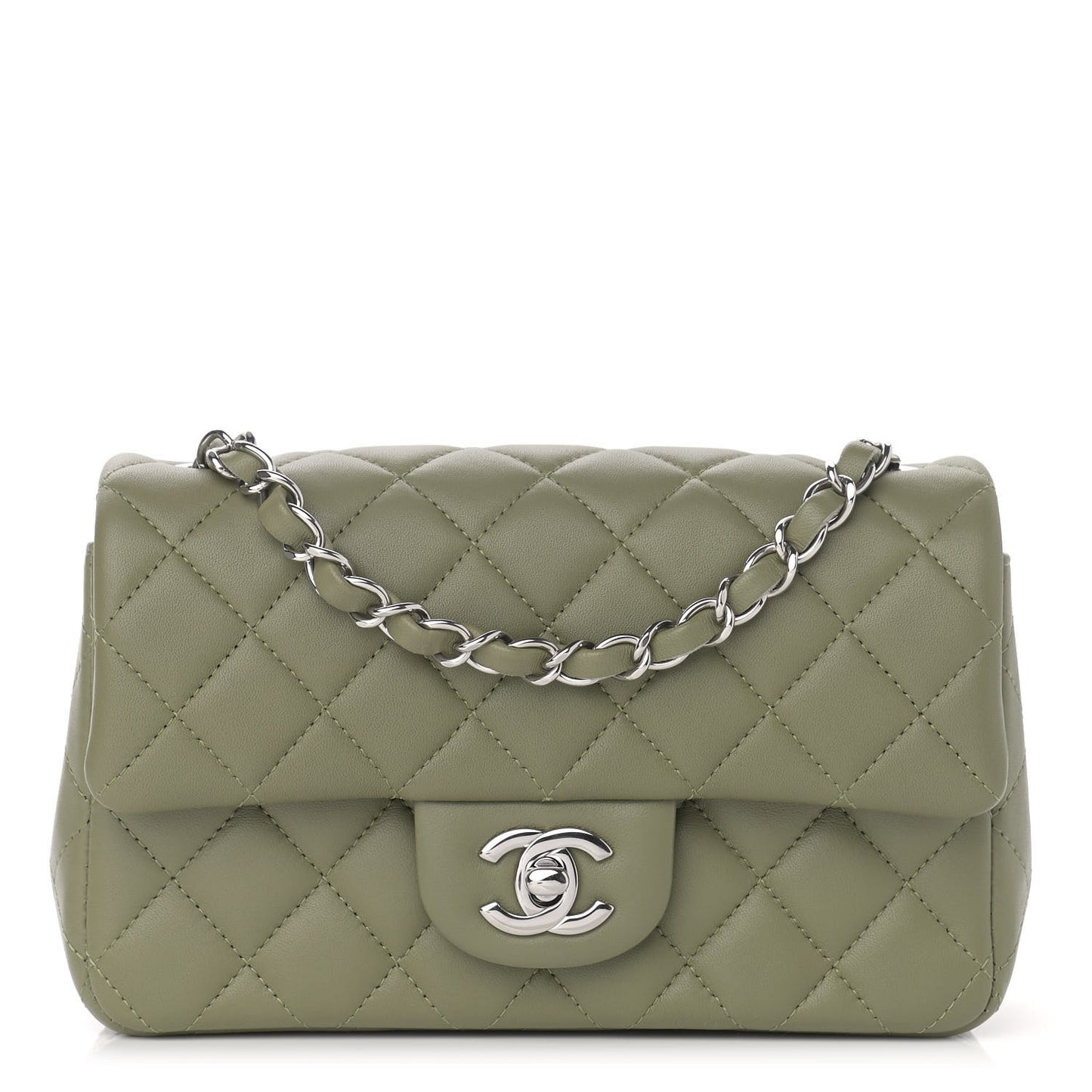 Lambskin Quilted Mini Rectangular Flap Khaki