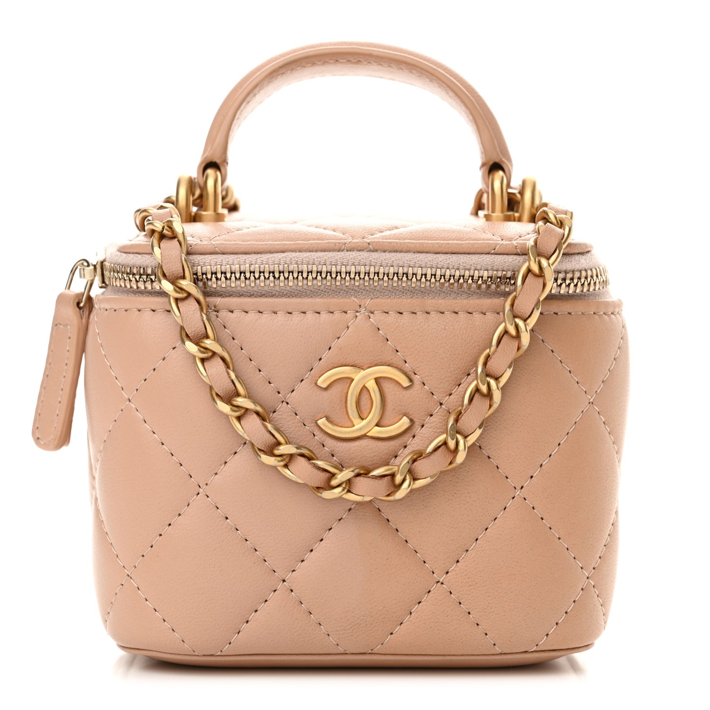 Lambskin Quilted Top Handle Mini Vanity Case With Chain Beige