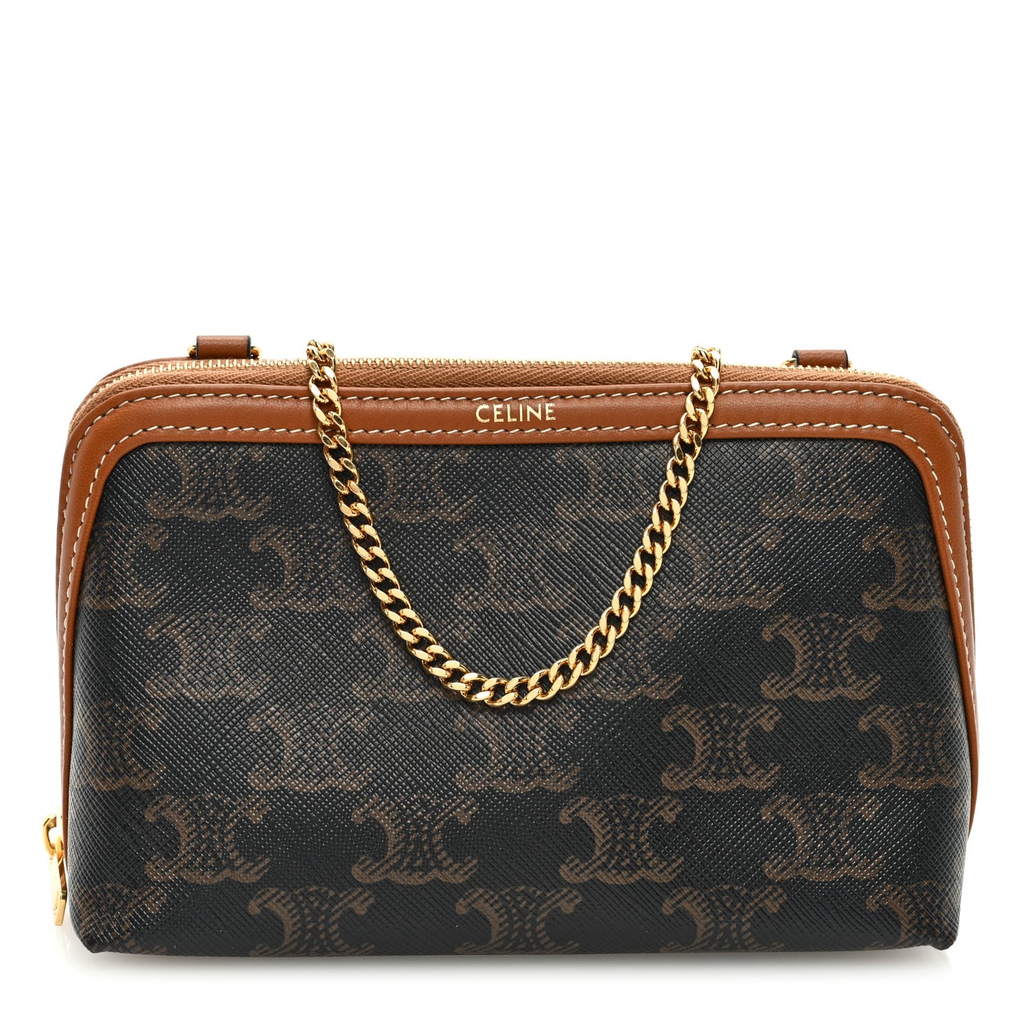 Triomphe Canvas Calfskin Mini Clutch on Chain Tan