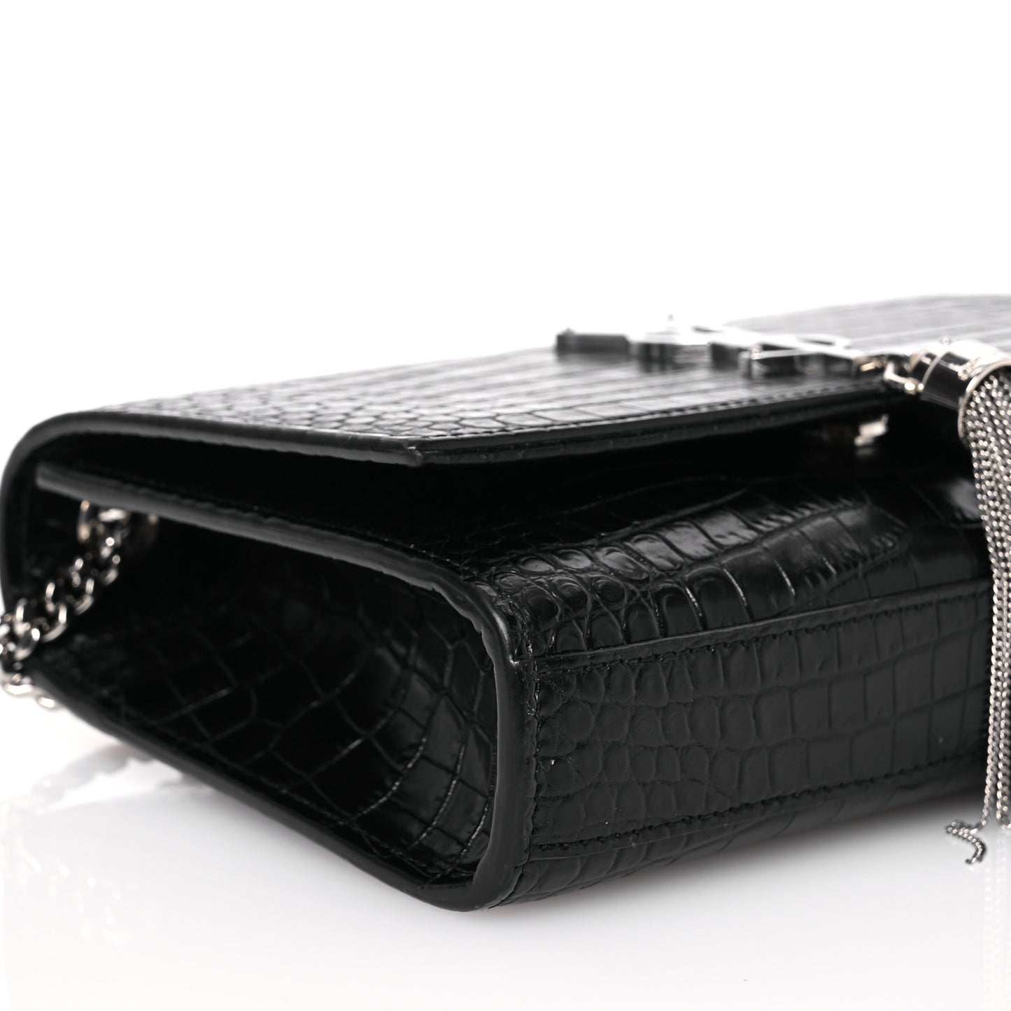Calfskin Crocodile Embossed Small Classic Monogram Kate Tassel Satchel Black