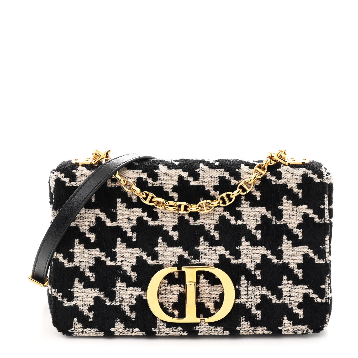 Christian Dior Tweed Houndstooth Medium Caro Bag Black Beige
