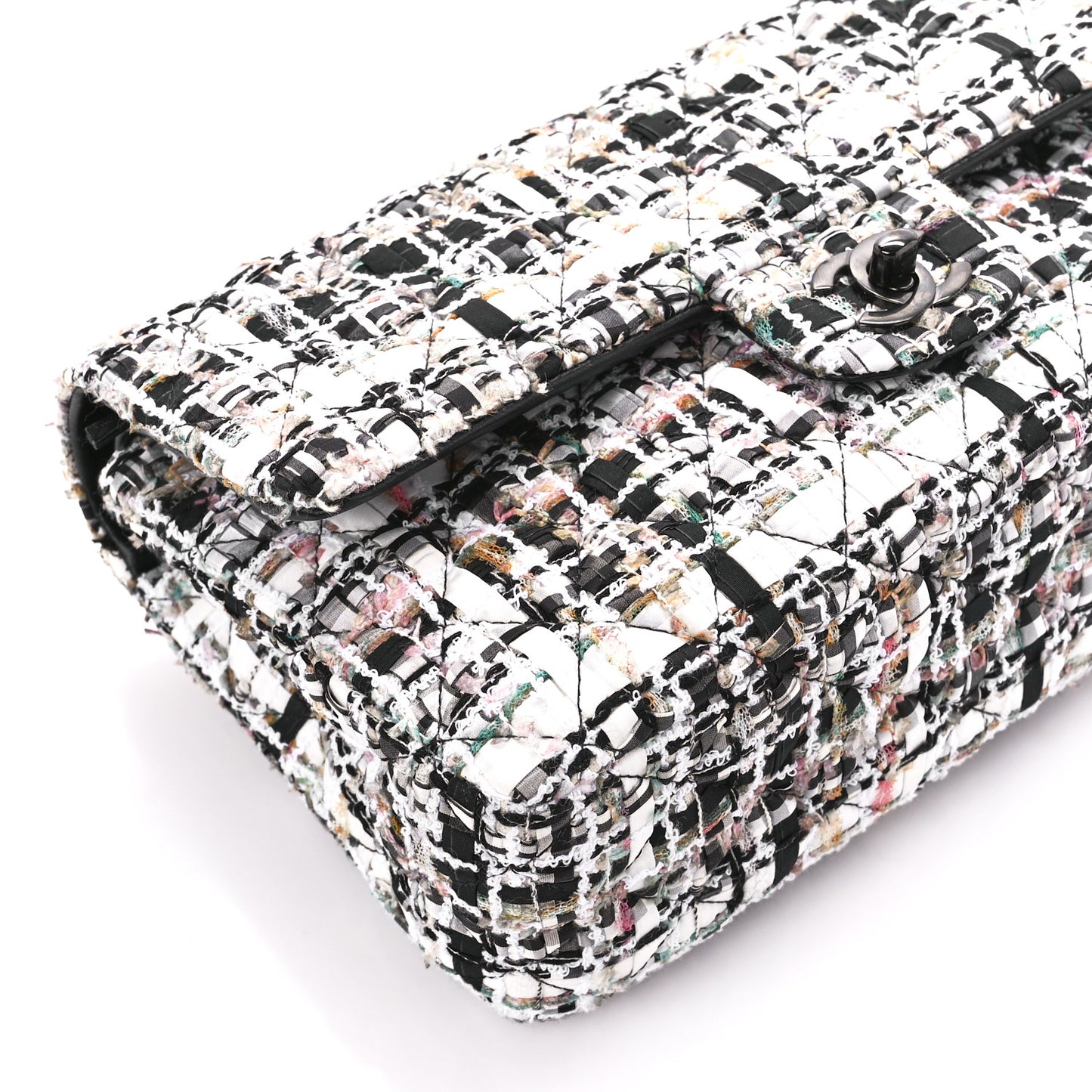 Tweed Quilted Medium Double Flap White Black Multicolor