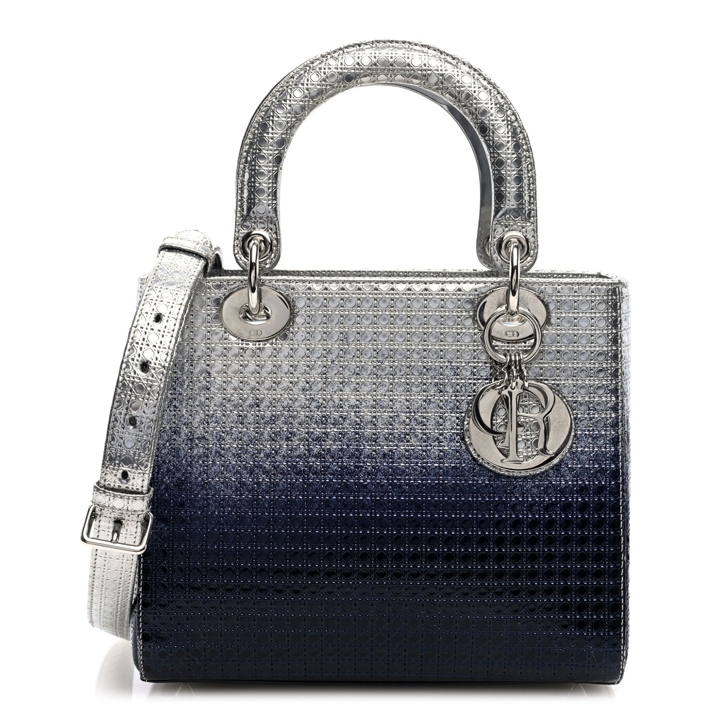 Metallic Patent Micro-Cannage Gradient Medium Lady Dior Silver Blue