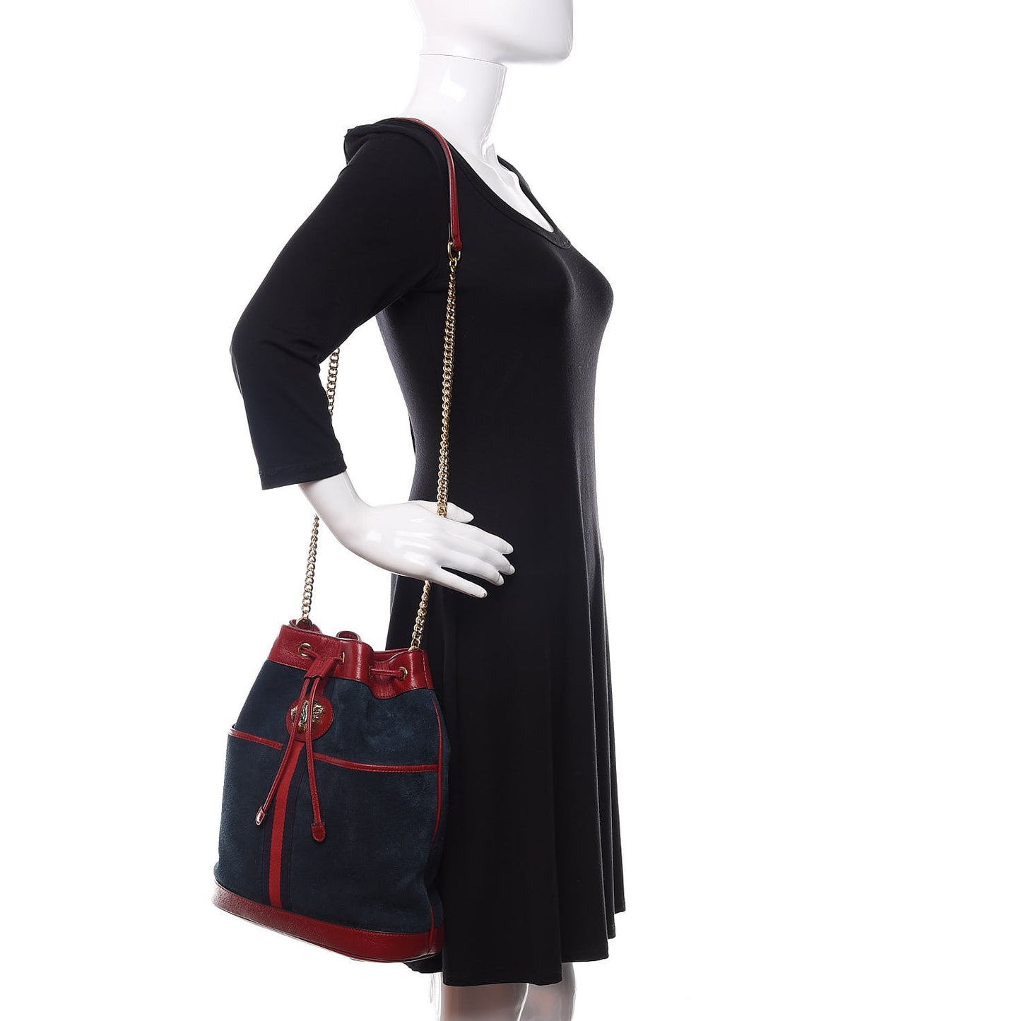 Suede Calfskin Web Medium Rajah Bucket Bag New Blue Romantic Cherry