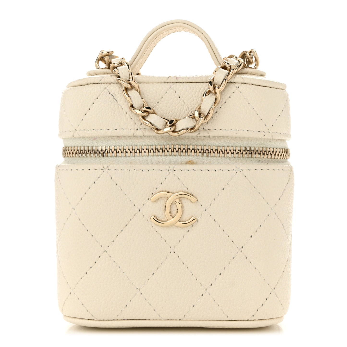 Caviar Quilted Small Handle With Care Vanity Case With Chain White