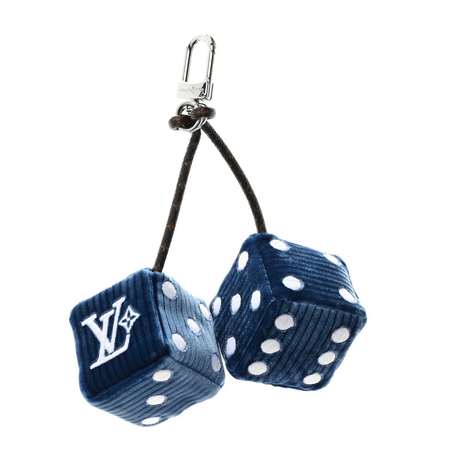 Velvet Monogram Embroidered Lucky Dice Bag Charm Blue