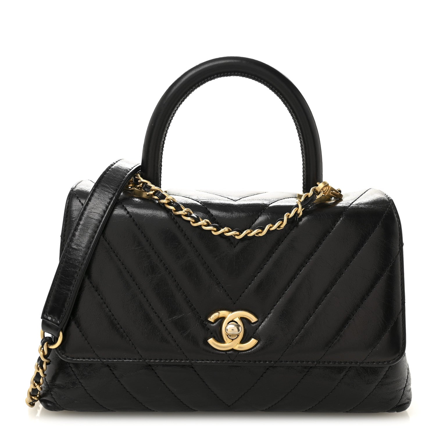 COCO Chanel Aged Calfskin Chevron Quilted Mini Coco Handle Flap Black