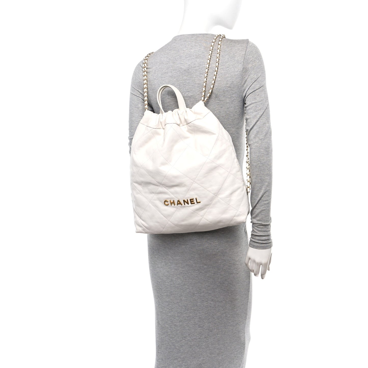 Shiny Calfskin Quilted Chanel 22 Backpack White