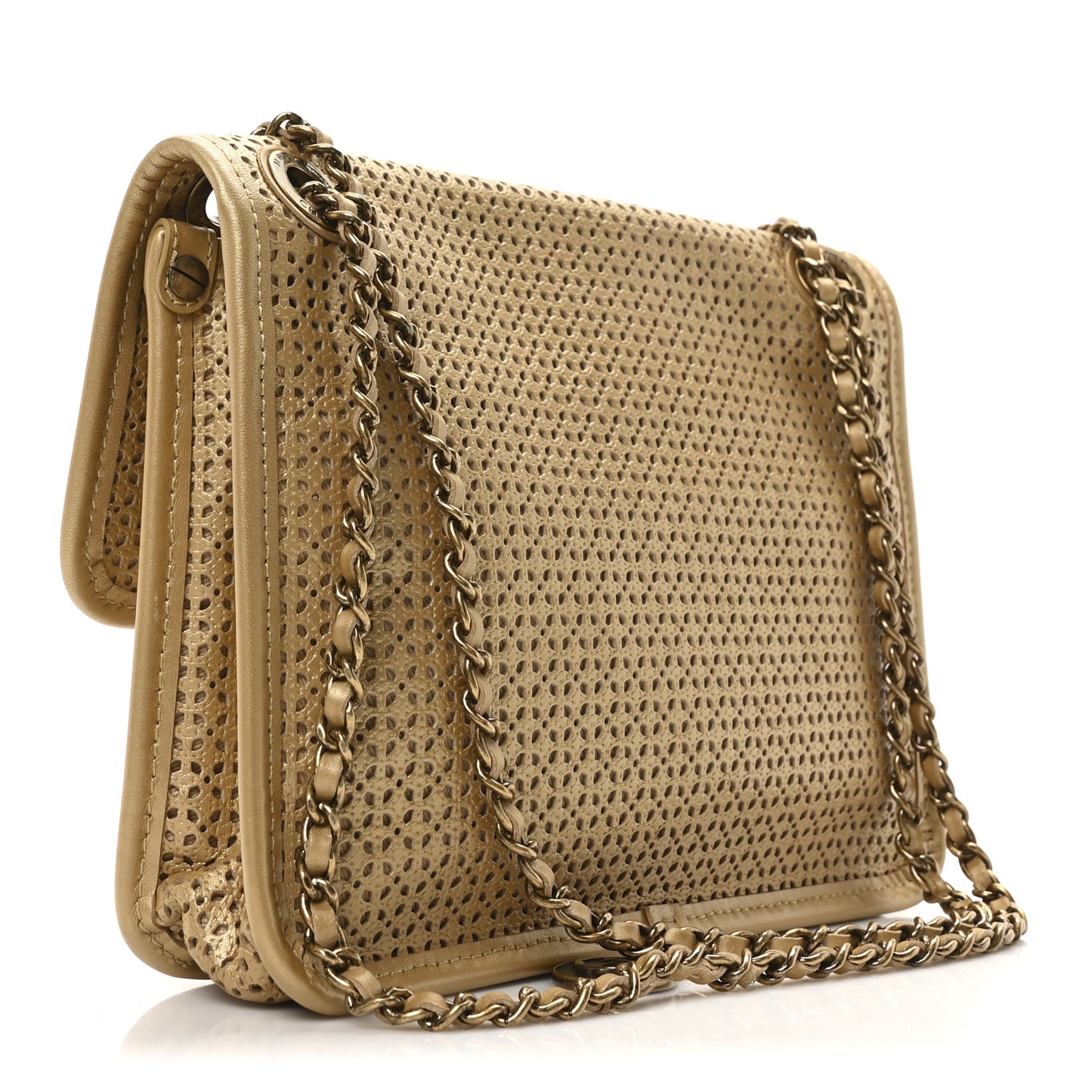Metallic Perforated Calfskin Small Up In The Air Flap Gold
