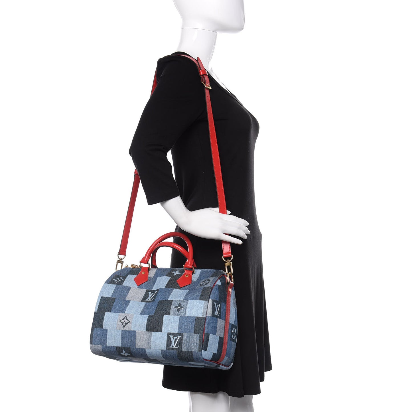 Denim Damier Monogram Patchwork Speedy Bandouliere 30 Blue Rouge