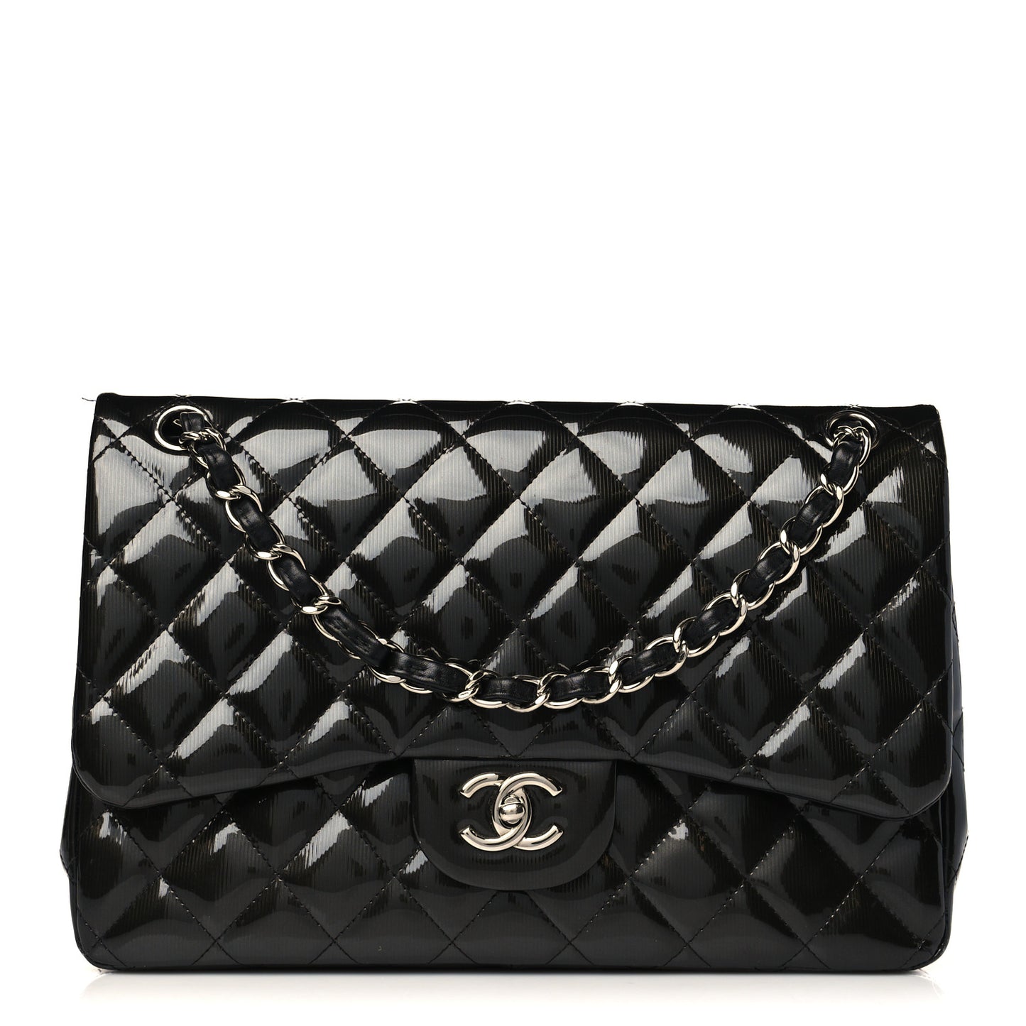Striated Patent Quilted Jumbo Double Flap Black