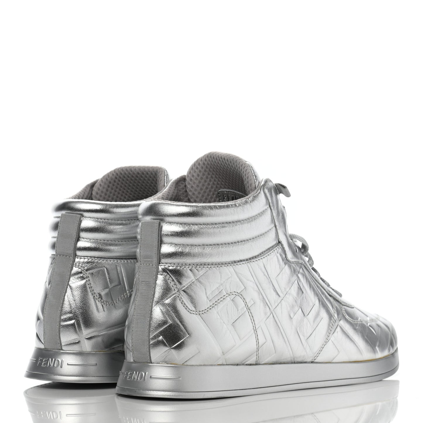 X NICKI MINAJ Metallic Nappa Macro FF Embossed Prints On High Top Sneakers 40 Silver