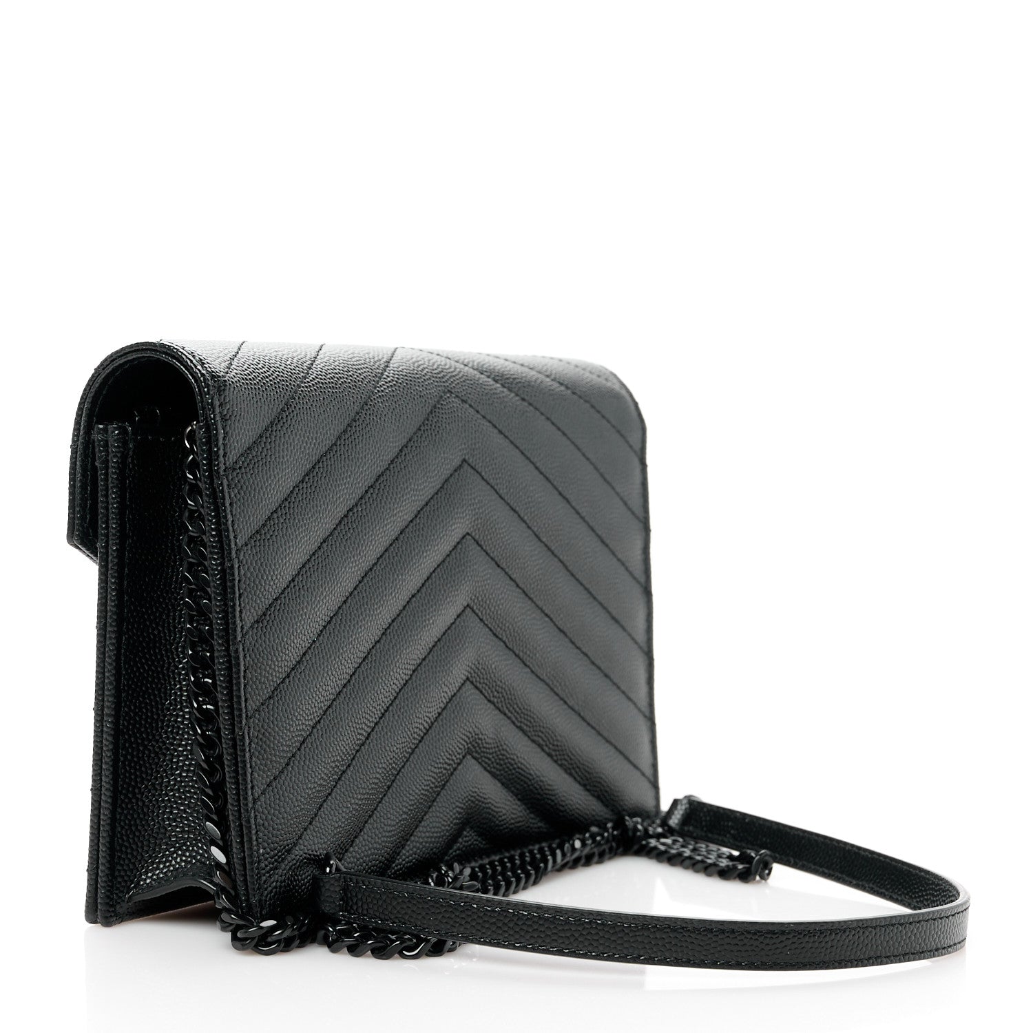 Saint Laurent Grain De Poudre Matelasse Chevron Monogram Monochrome Envelope Chain Wallet Black 3 of 9
