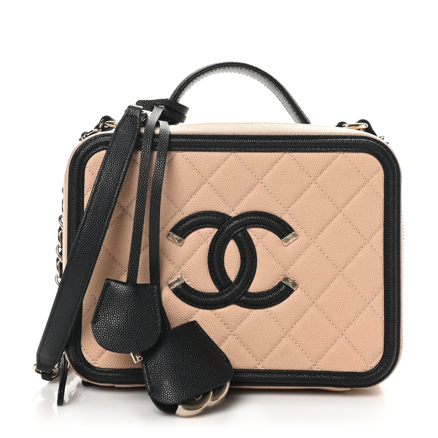 Caviar Quilted Medium CC Filigree Vanity Case Beige Black