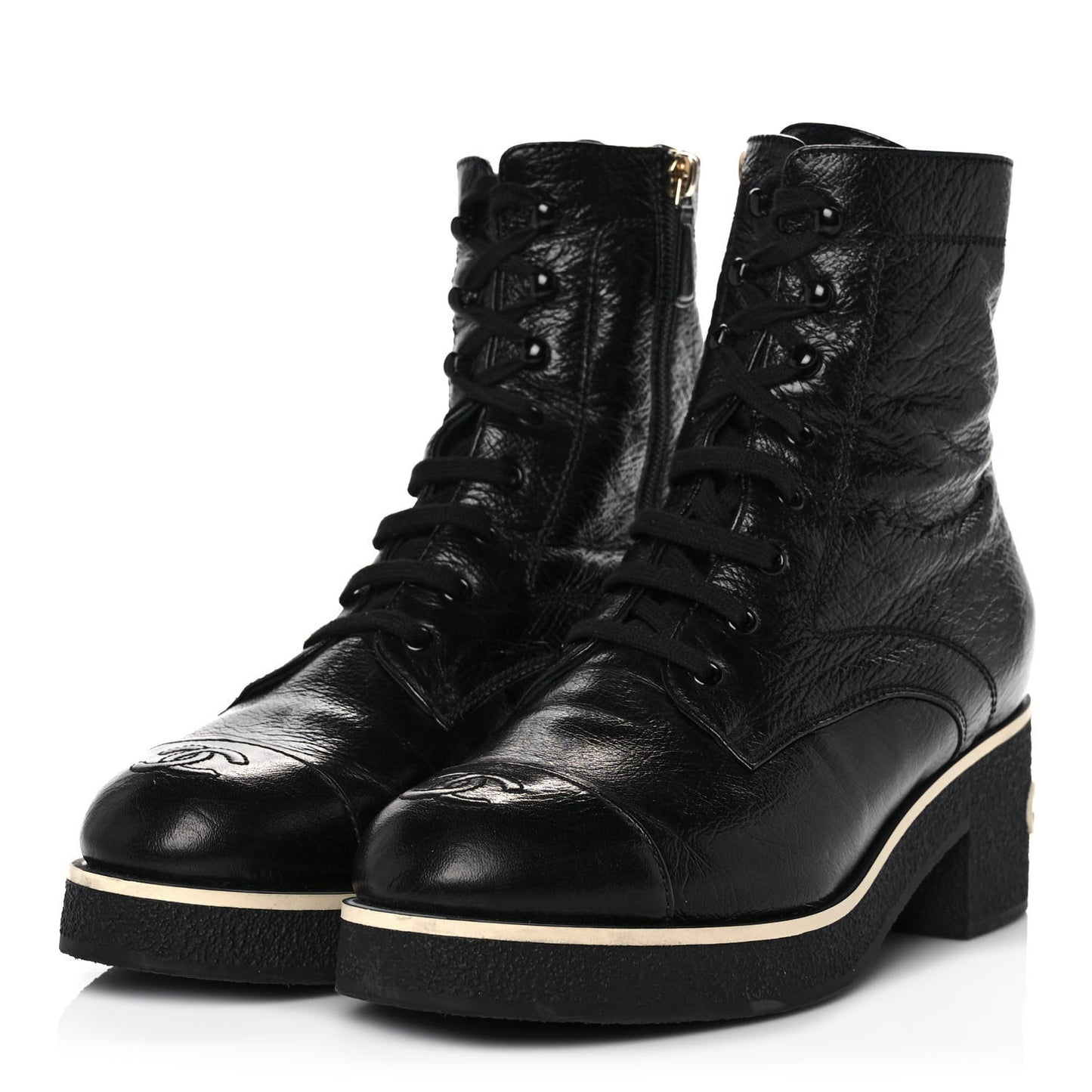 Shiny Crumpled Lambskin Lace Up Combat Boots 41.5 Black