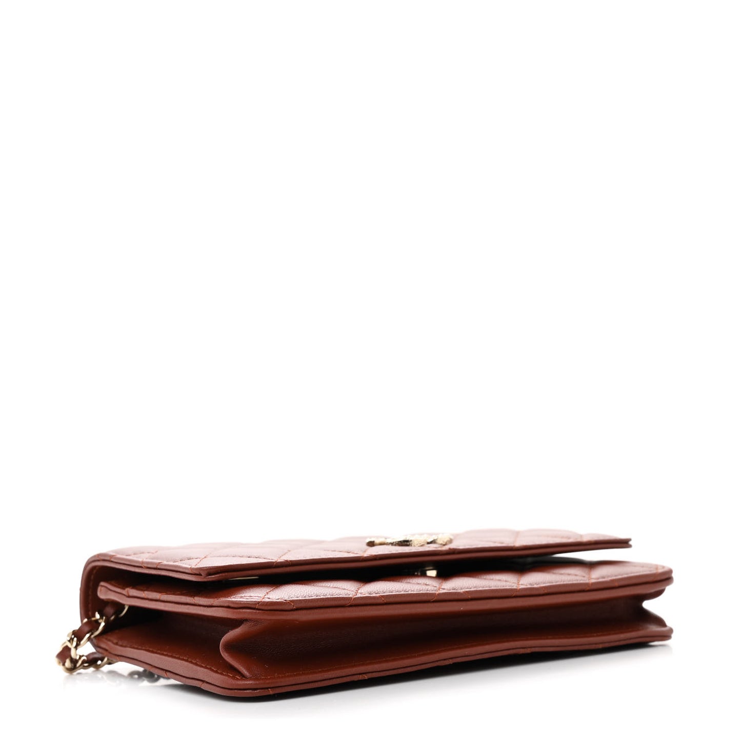 Lambskin Quilted Crystal Pearl CC Wallet On Chain WOC Brown