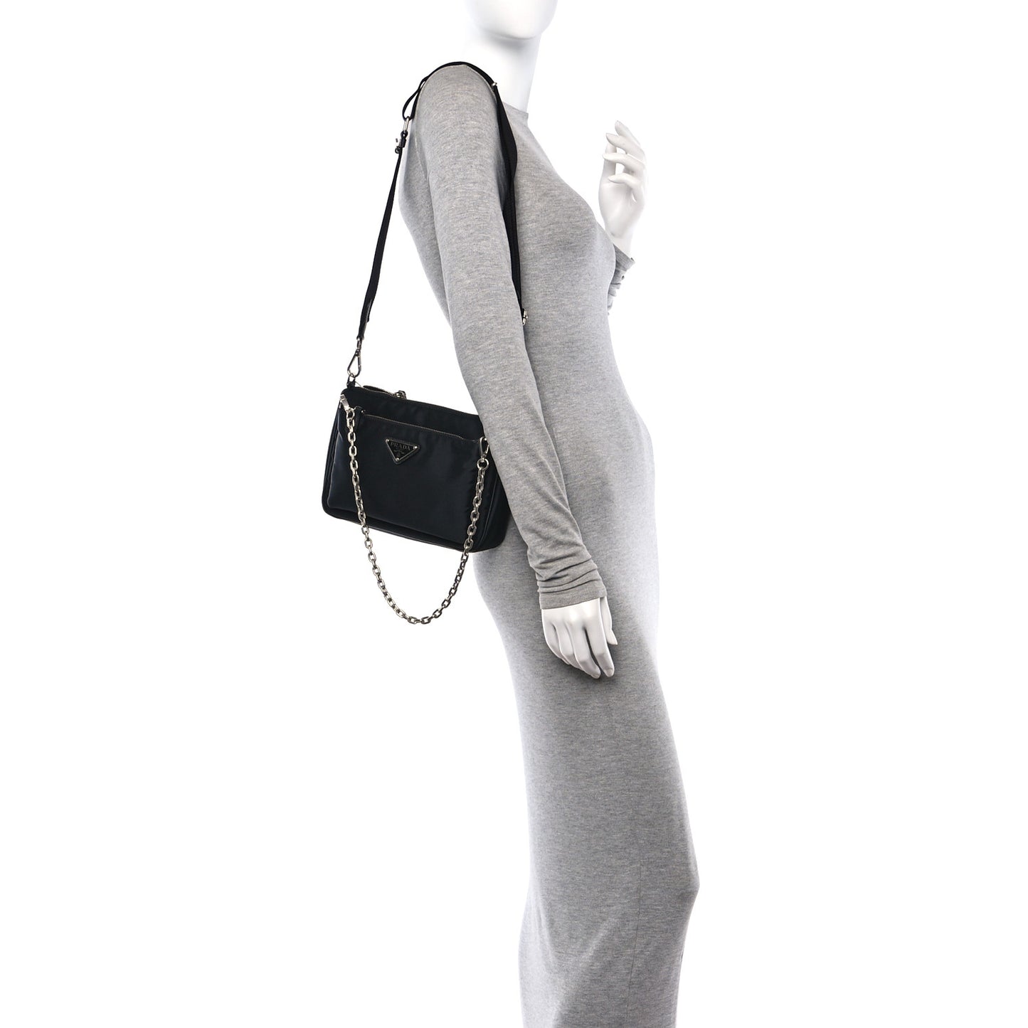 Re-Nylon Saffiano Double Pouch Shoulder Bag Black
