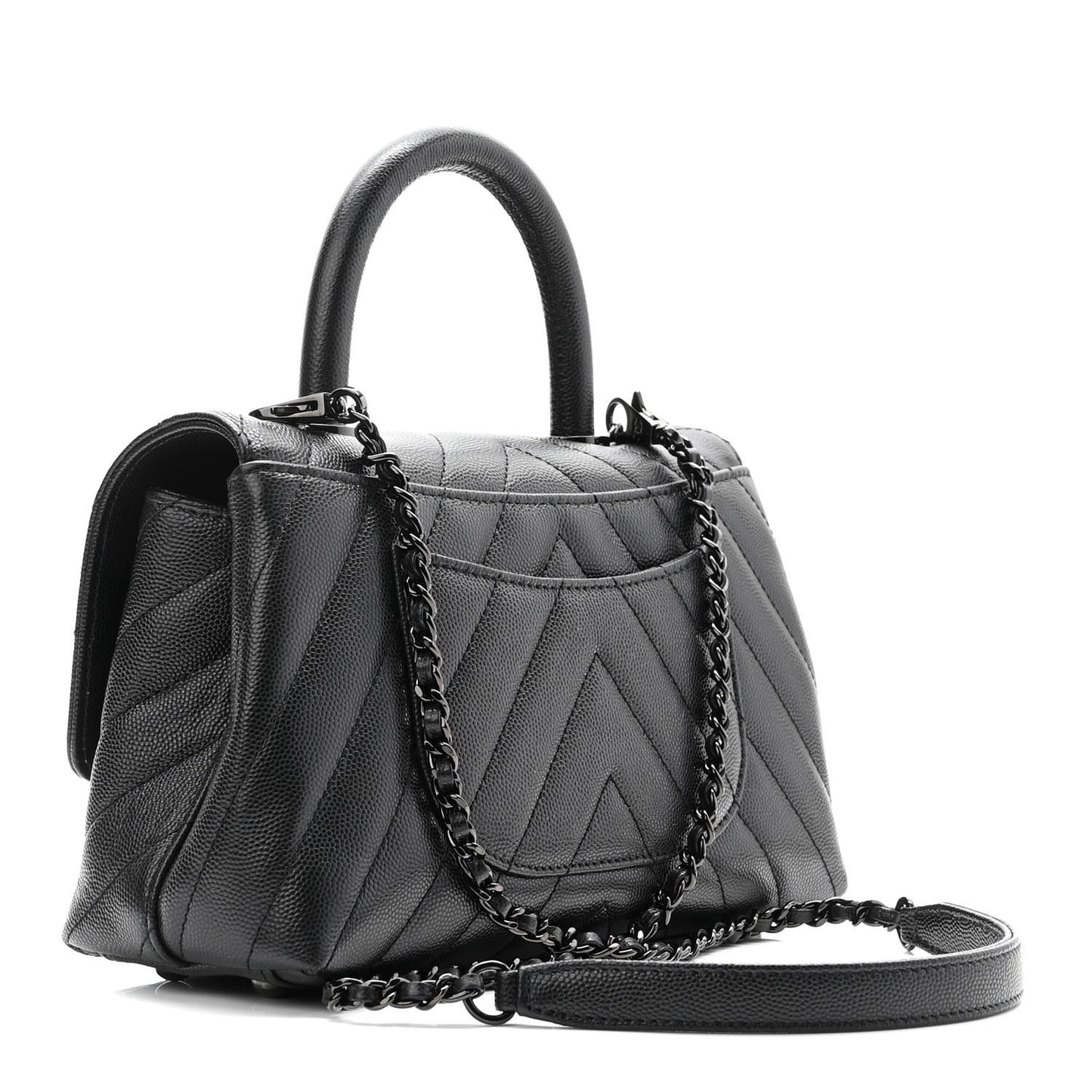 Caviar Chevron Quilted Mini Coco Handle Flap So Black