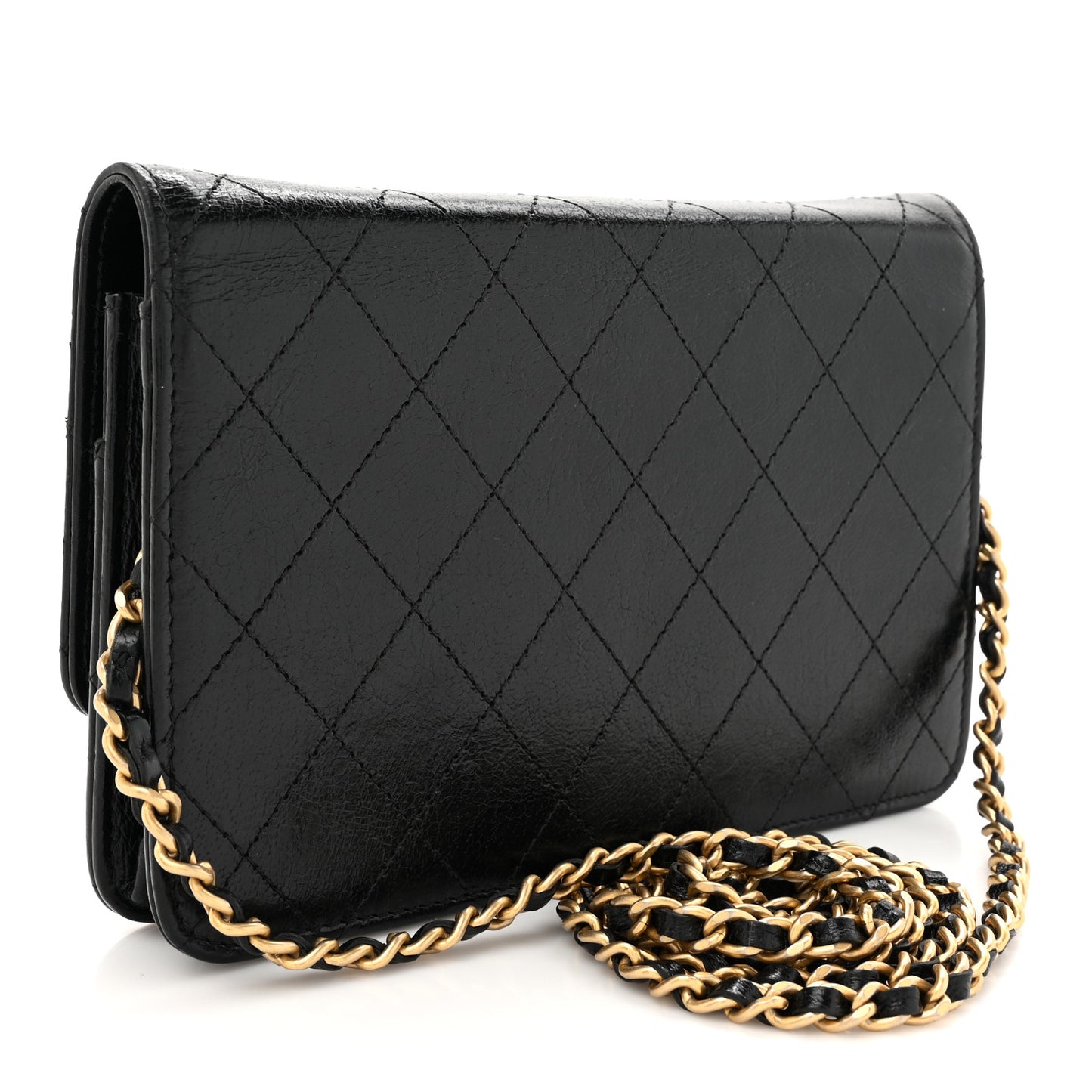 Goatskin Stitched Golden CC Wallet on Chain WOC Black