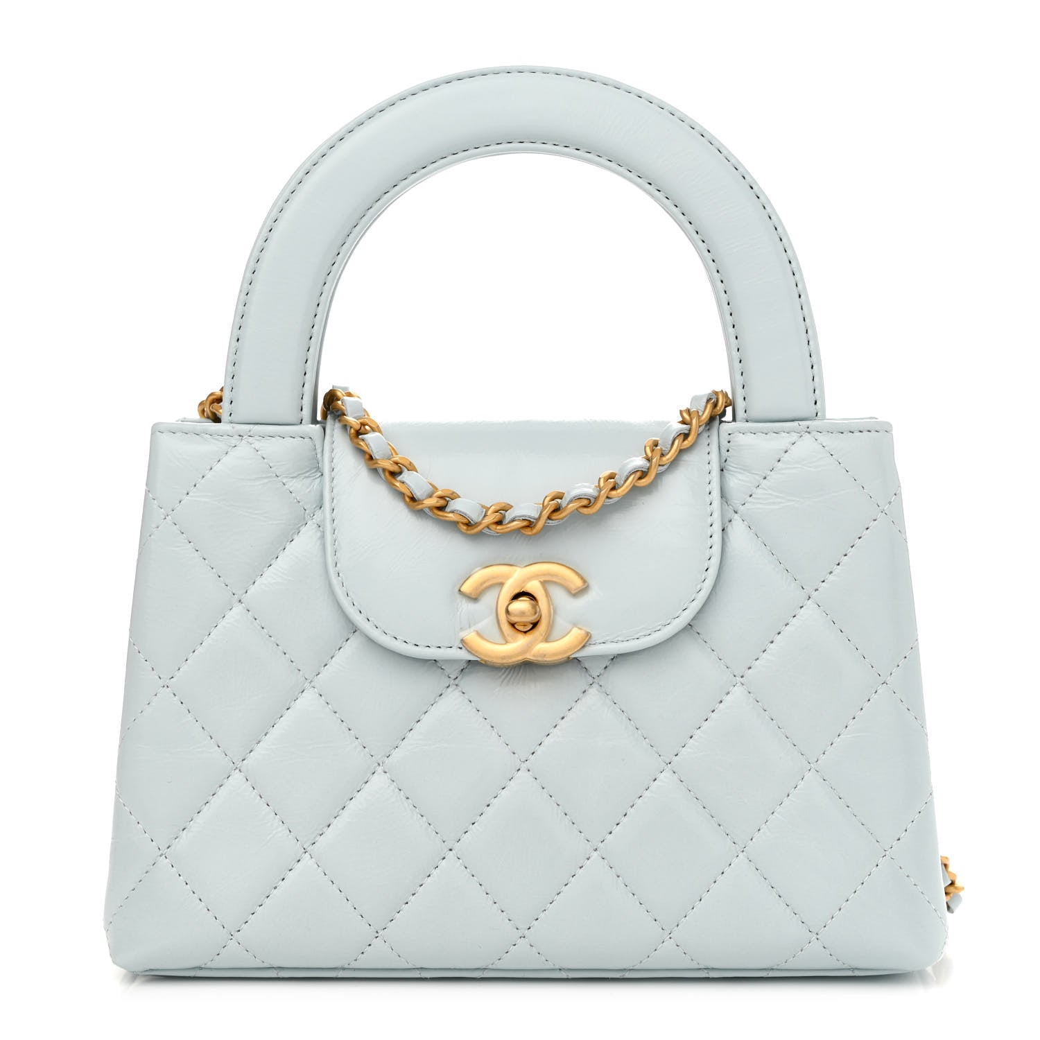 Chanel Shiny Aged Calfskin Quilted Nano Kelly Shopper Light Blue