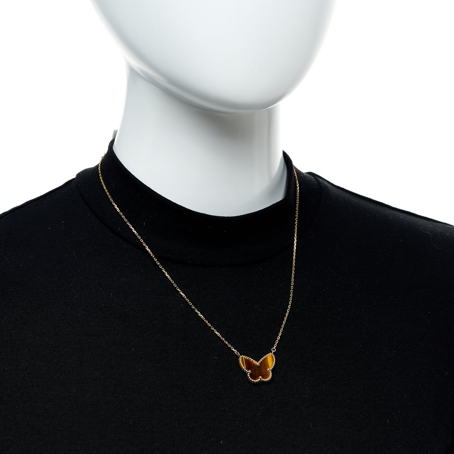 18K Yellow Gold Tiger Eye Lucky Alhambra Butterfly Pendant Necklace