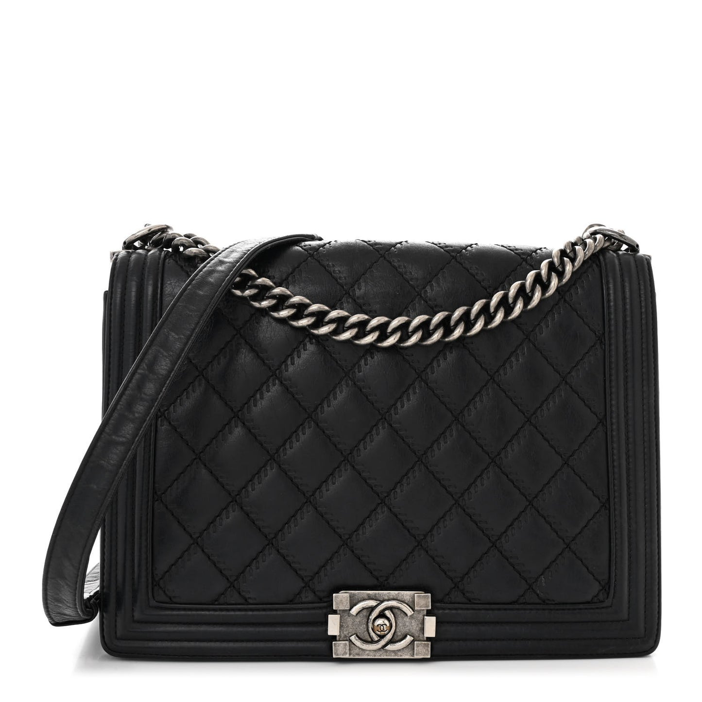 Calfskin Embossed Stitch Large Boy Flap Black