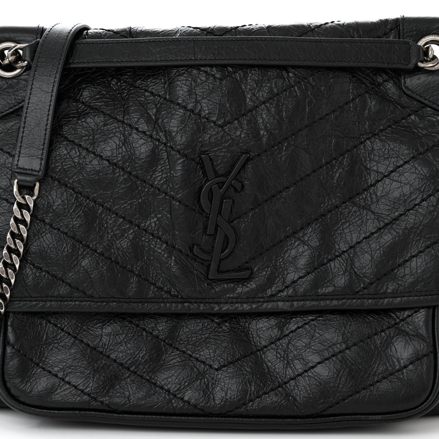 Crinkled Calfskin Matelasse Monogram Large Niki Chain Satchel Black