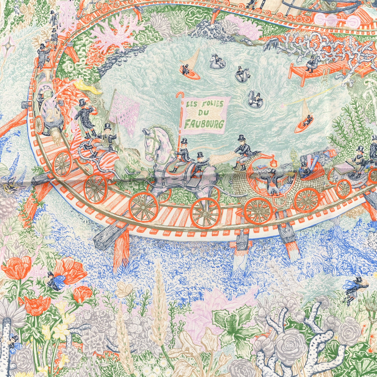 Hermes Silk Les Folies Du Faubourg Scarf 90 Vert Olive Orange Sable 2 of 3