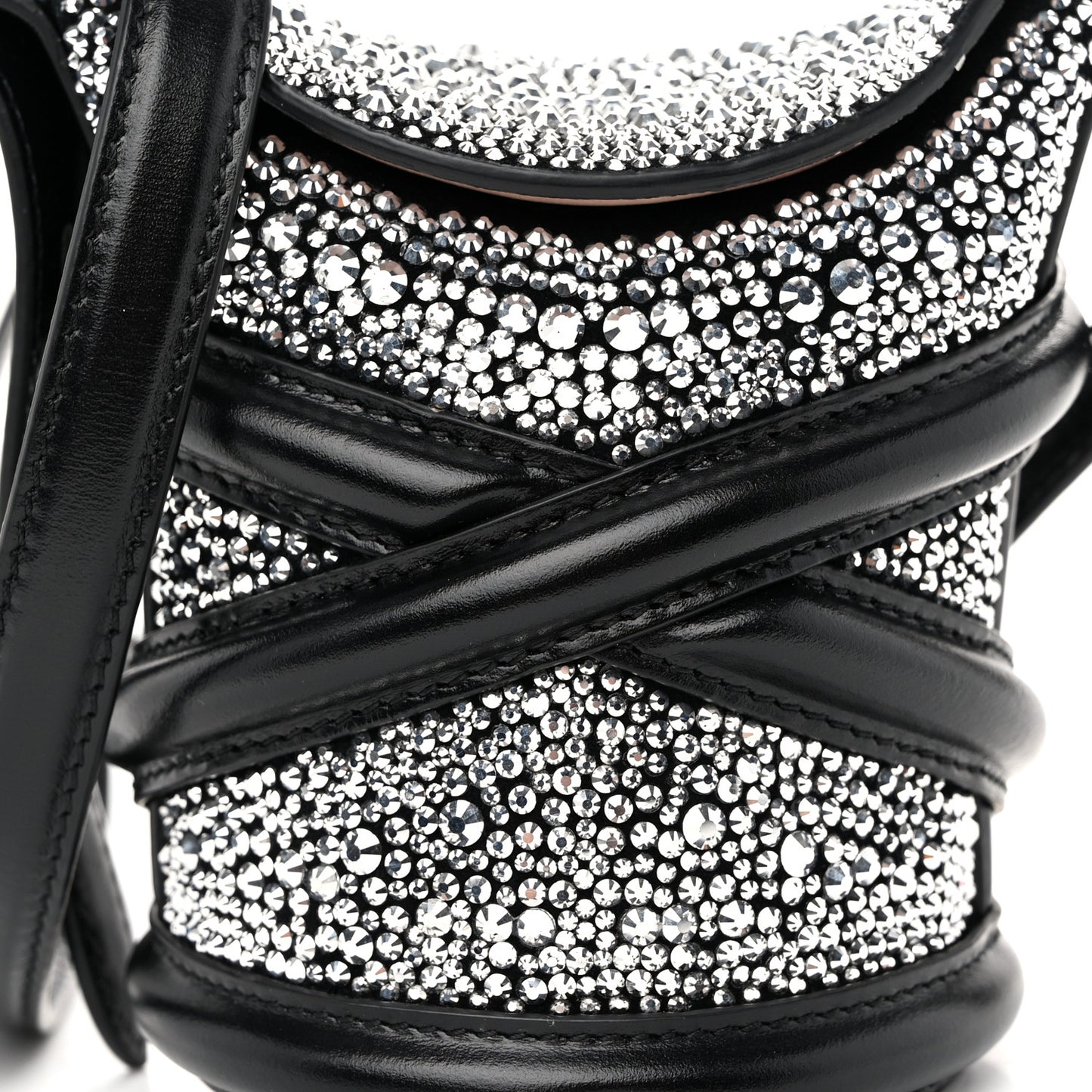 Metallic Calfskin Crystal Micro Curve Bucket Bag Black