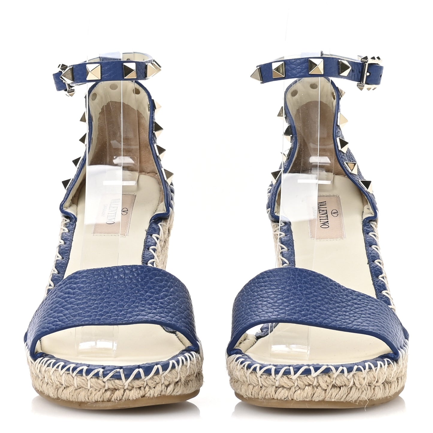 Grained Calfskin Rockstud Ankle Strap Espadrille Wedge Sandals 36 Baltique
