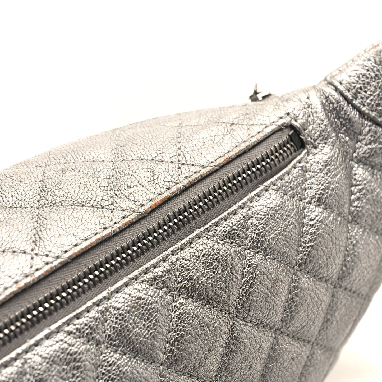 Metallic Goatskin Quilted Banane Waist Bag Fanny Pack Silver