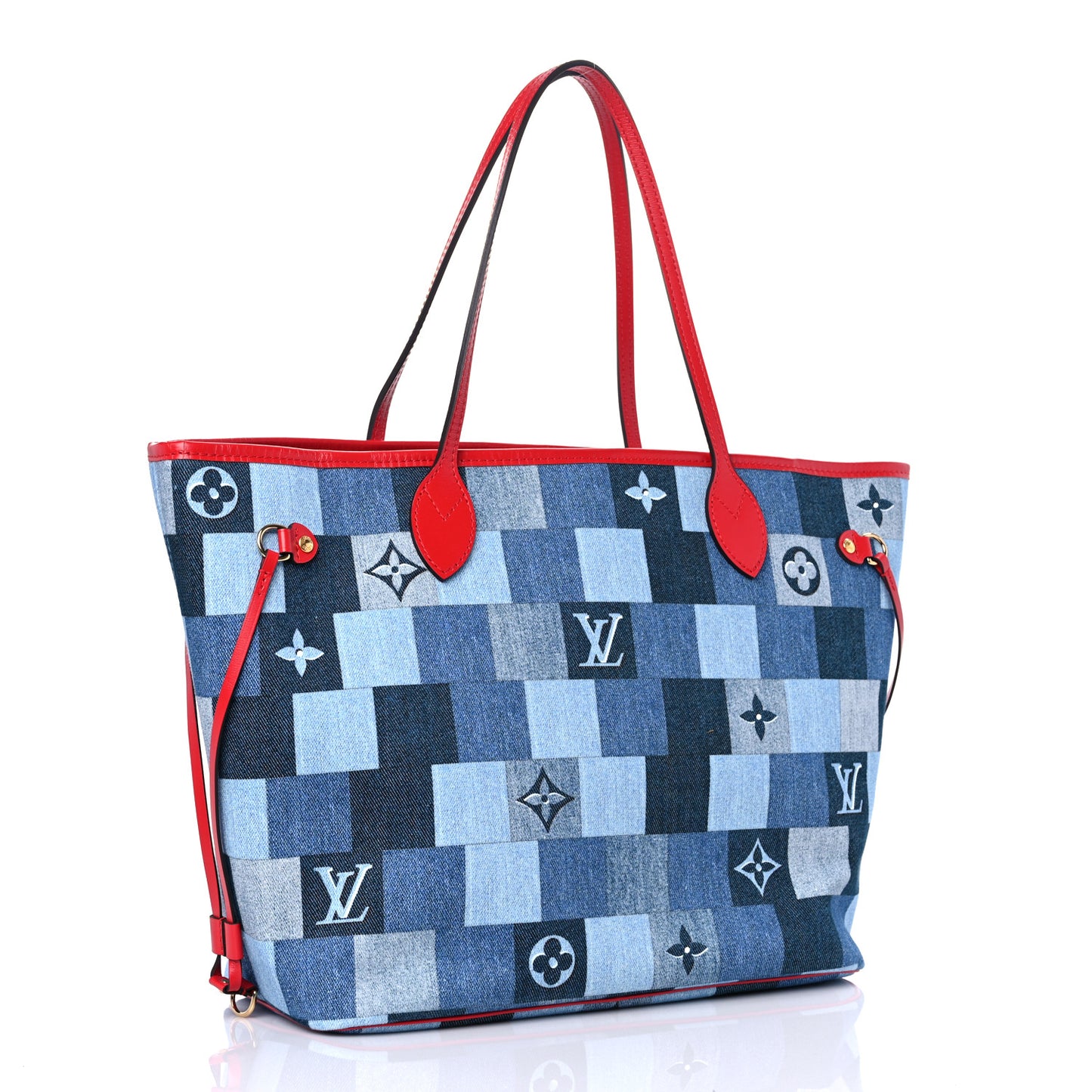 Denim Damier Monogram Patchwork Neverfull Blue Rouge