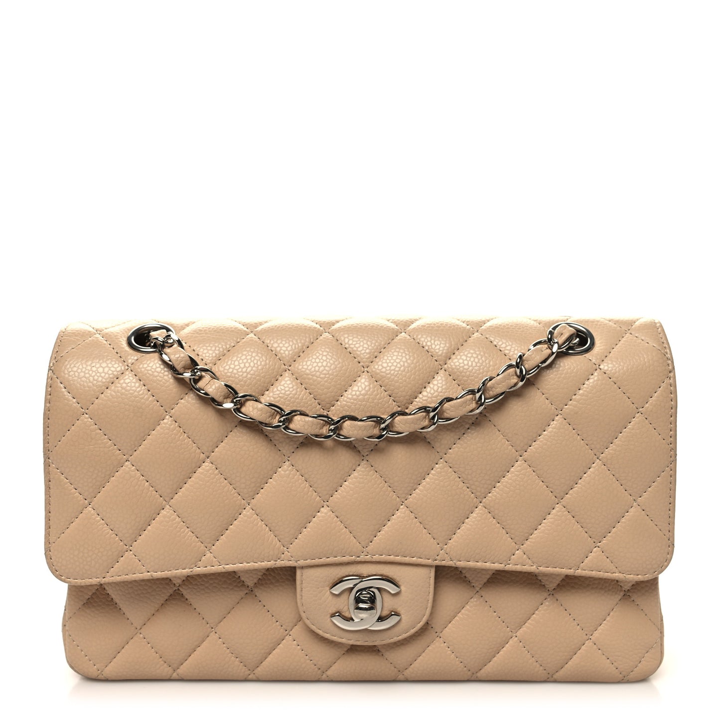 Caviar Quilted Medium Double Flap Beige