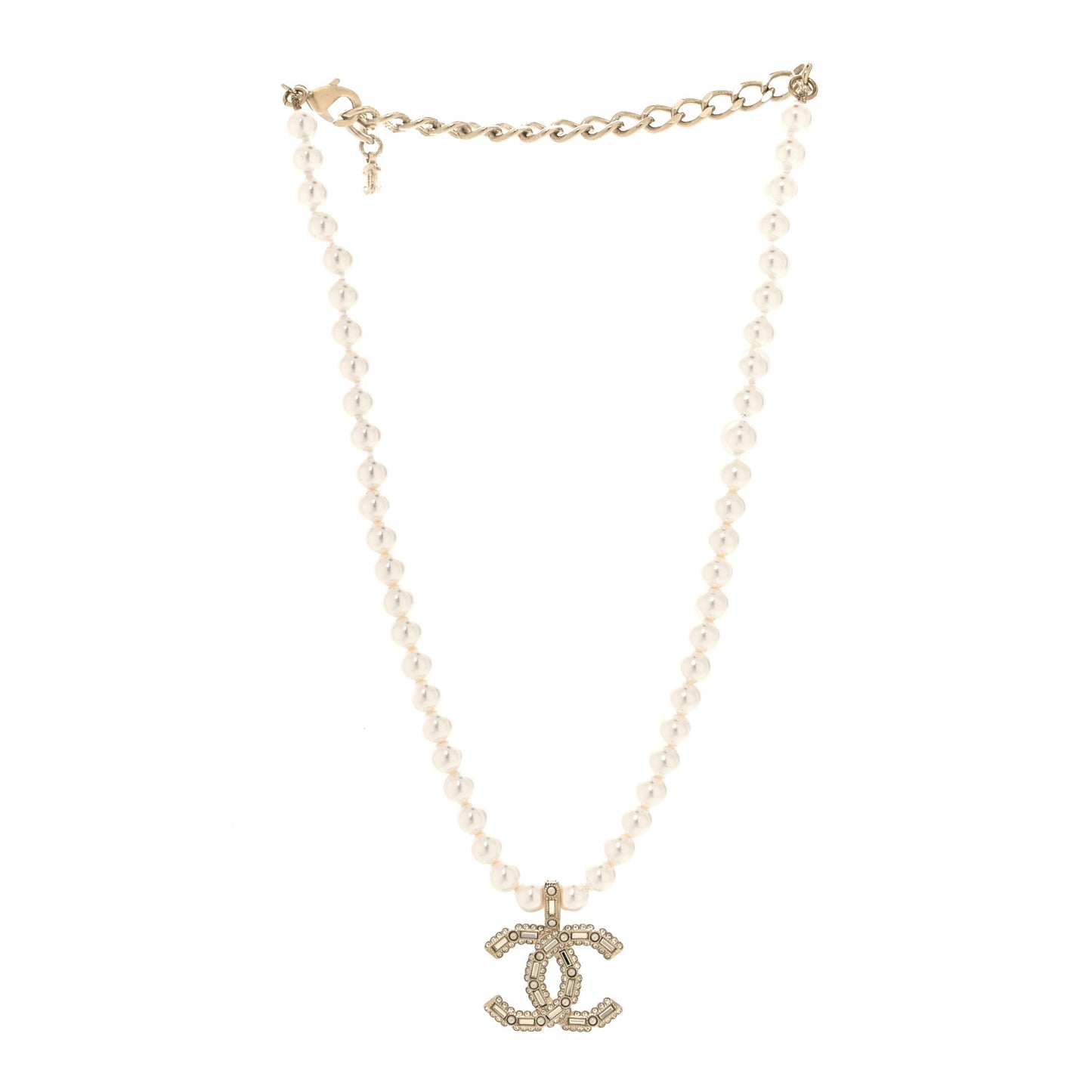 Pearl Crystal Baguette CC Short Necklace Gold