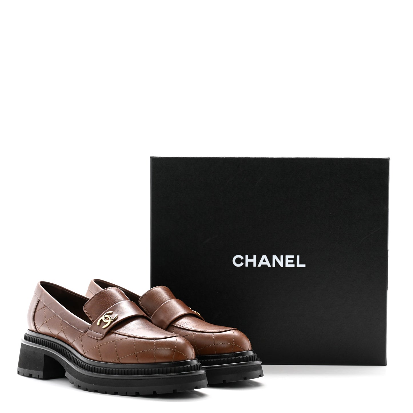 Calfskin Quilted CC Mocassin Loafers 41 Brown