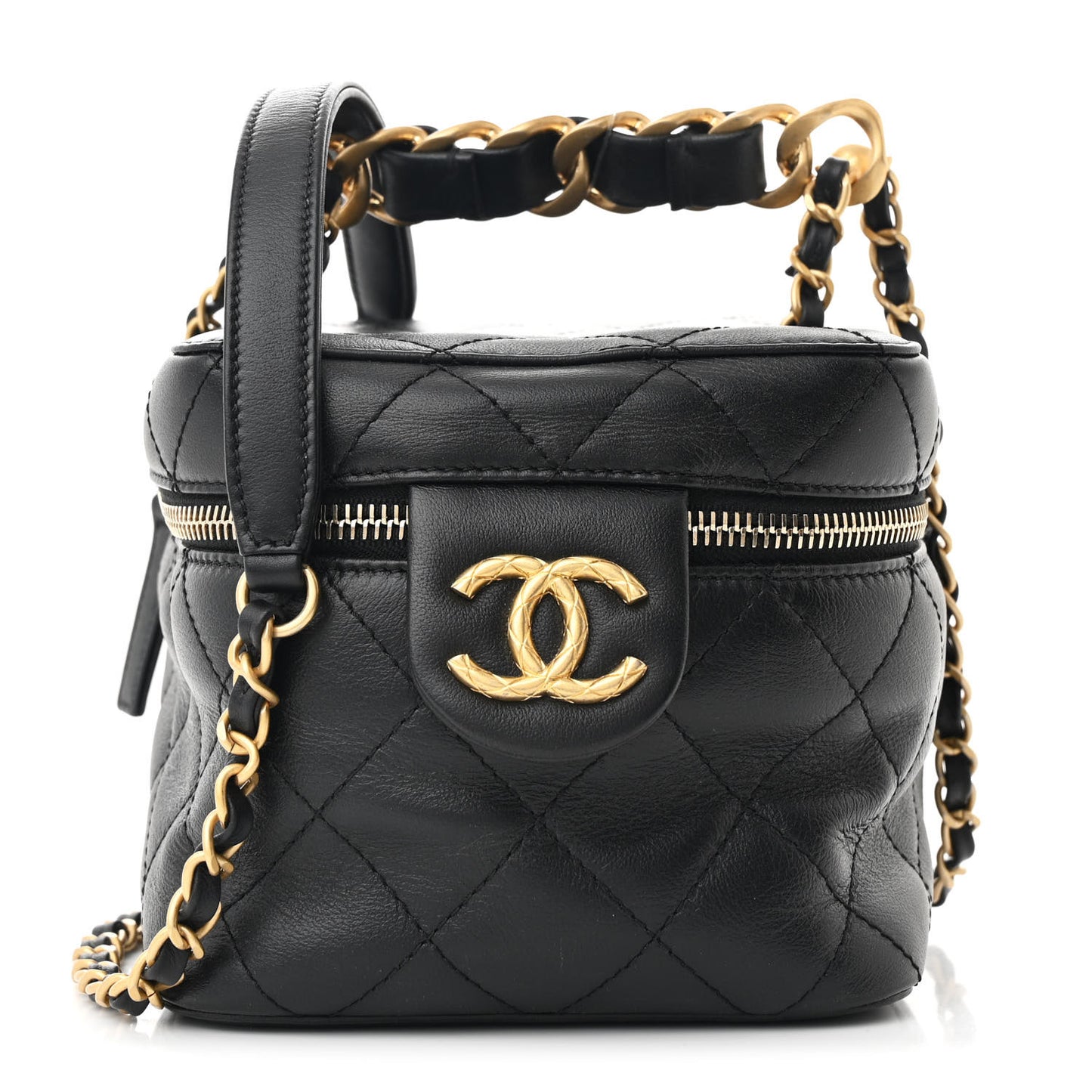 Calfskin Quilted Small Vanity Case With Chain Black