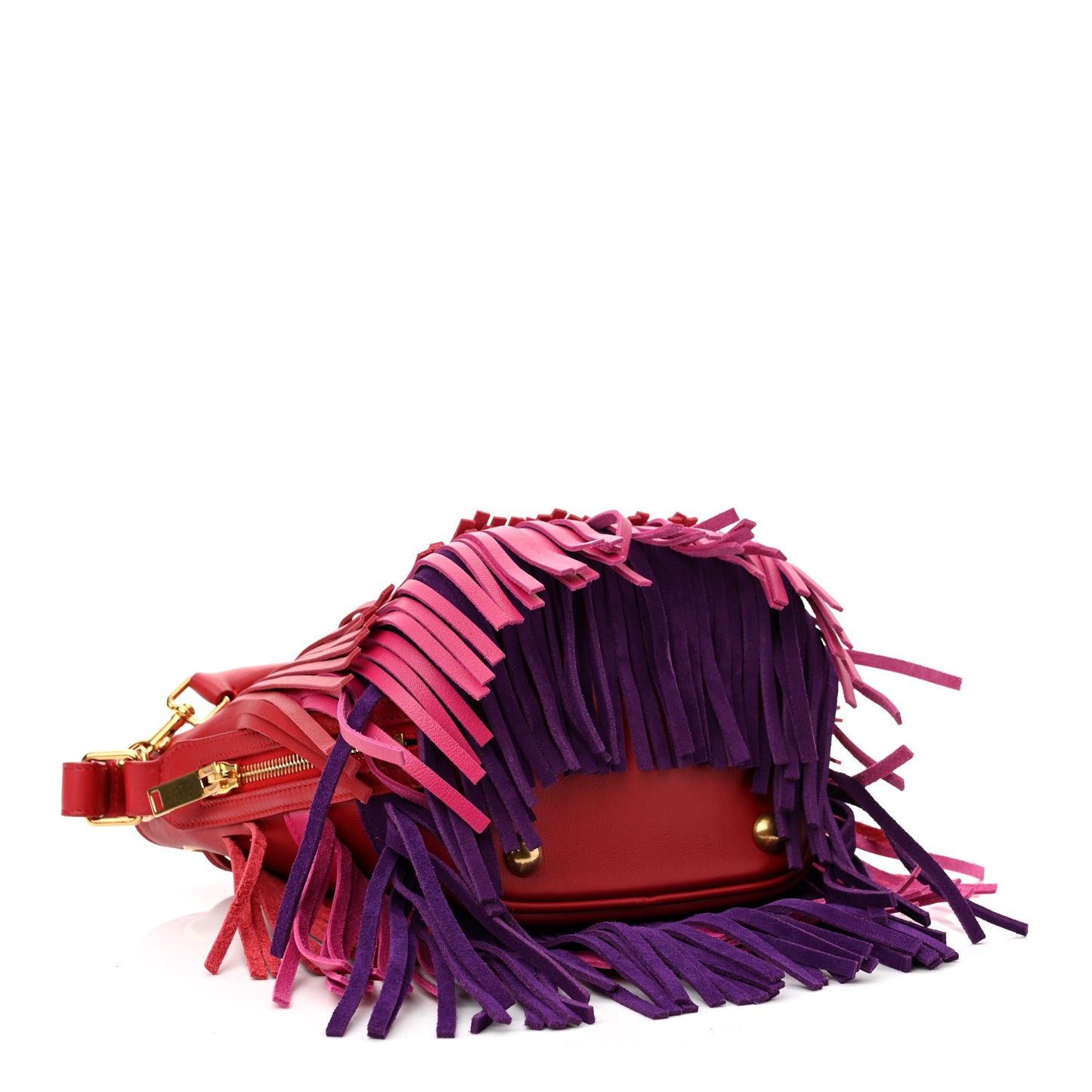 Calfskin Tri-Color Small Emmanuelle Fringe Bucket Bag Red Bubblegum Purple