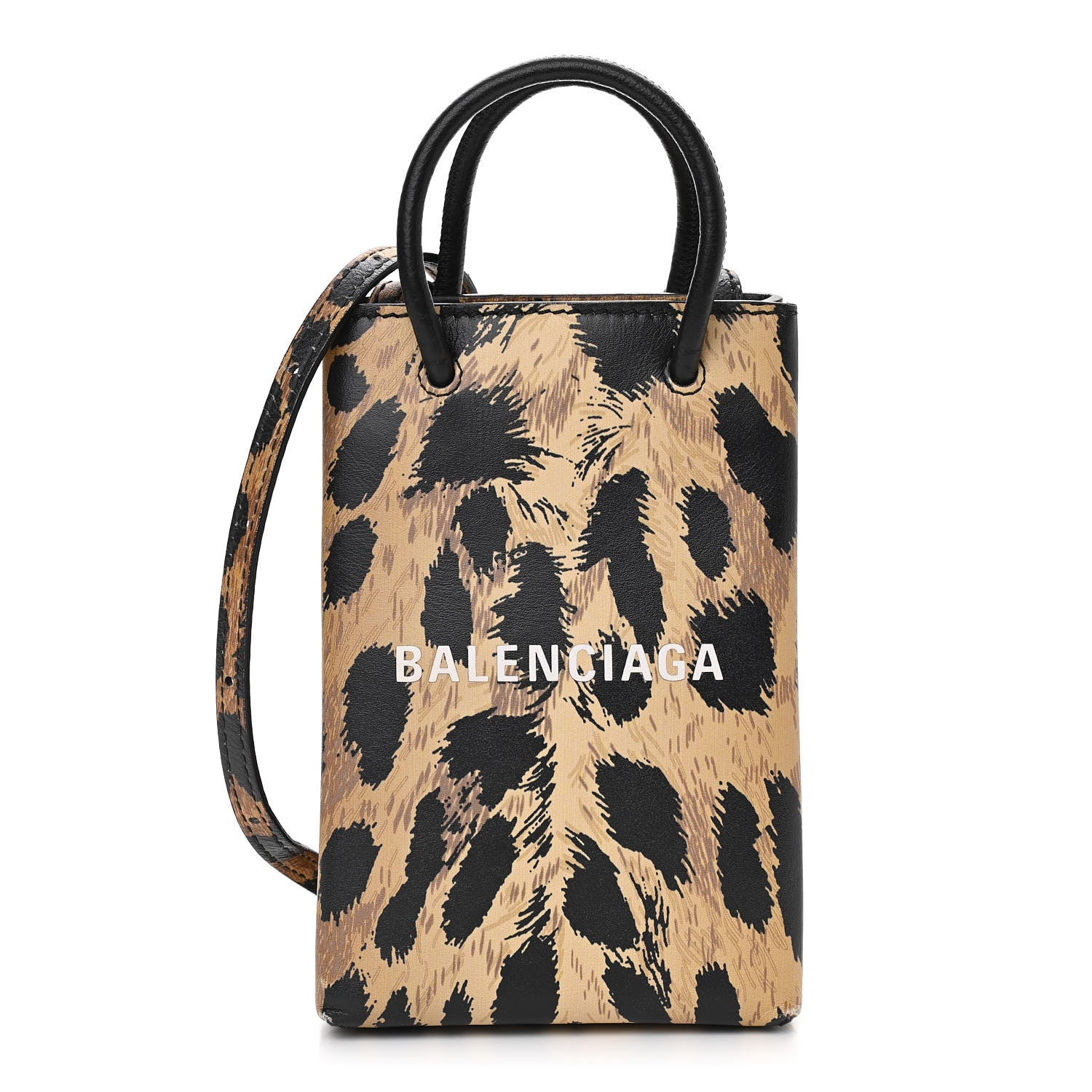 Balenciaga Smooth Calfskin Leopard Print Logo Shopping Phone Holder Bag Beige Black 1 of 8