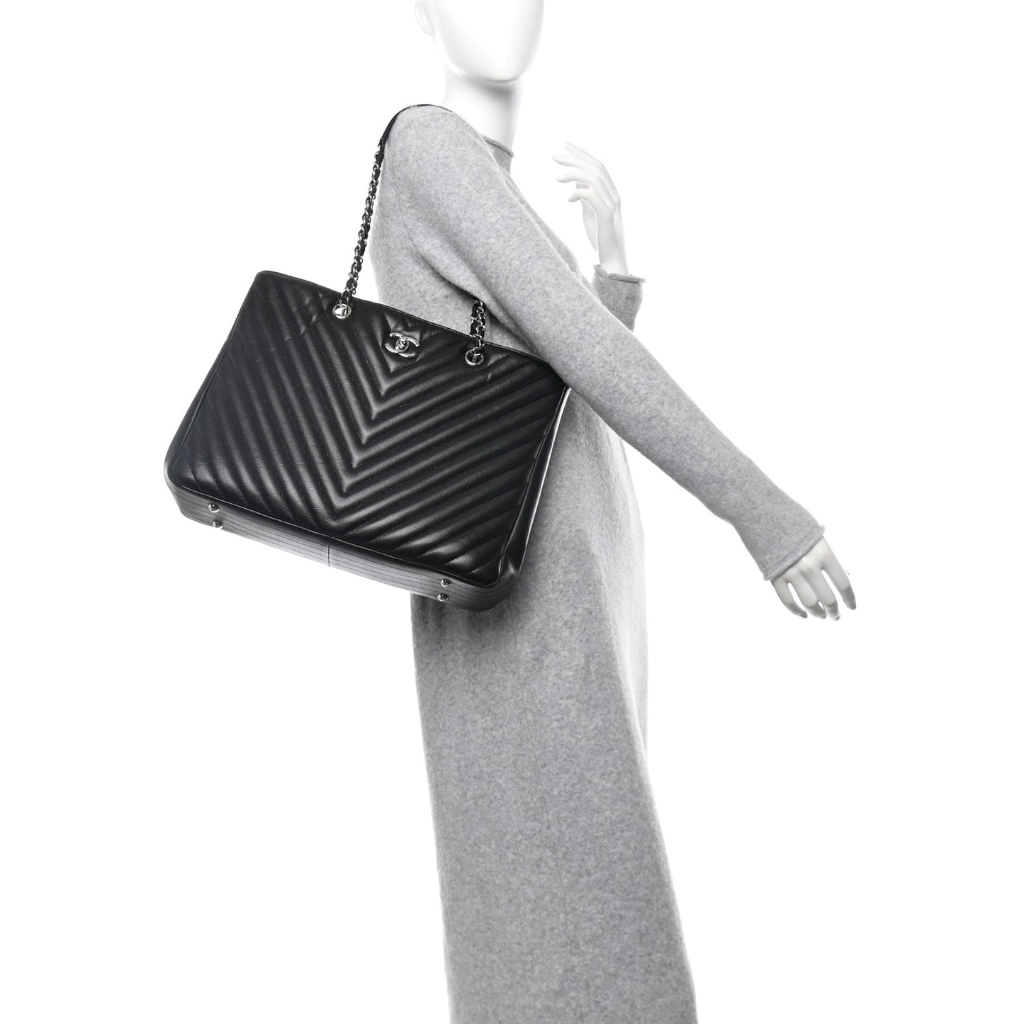 Caviar Chevron Quilted Large Shopping Tote Tote Black