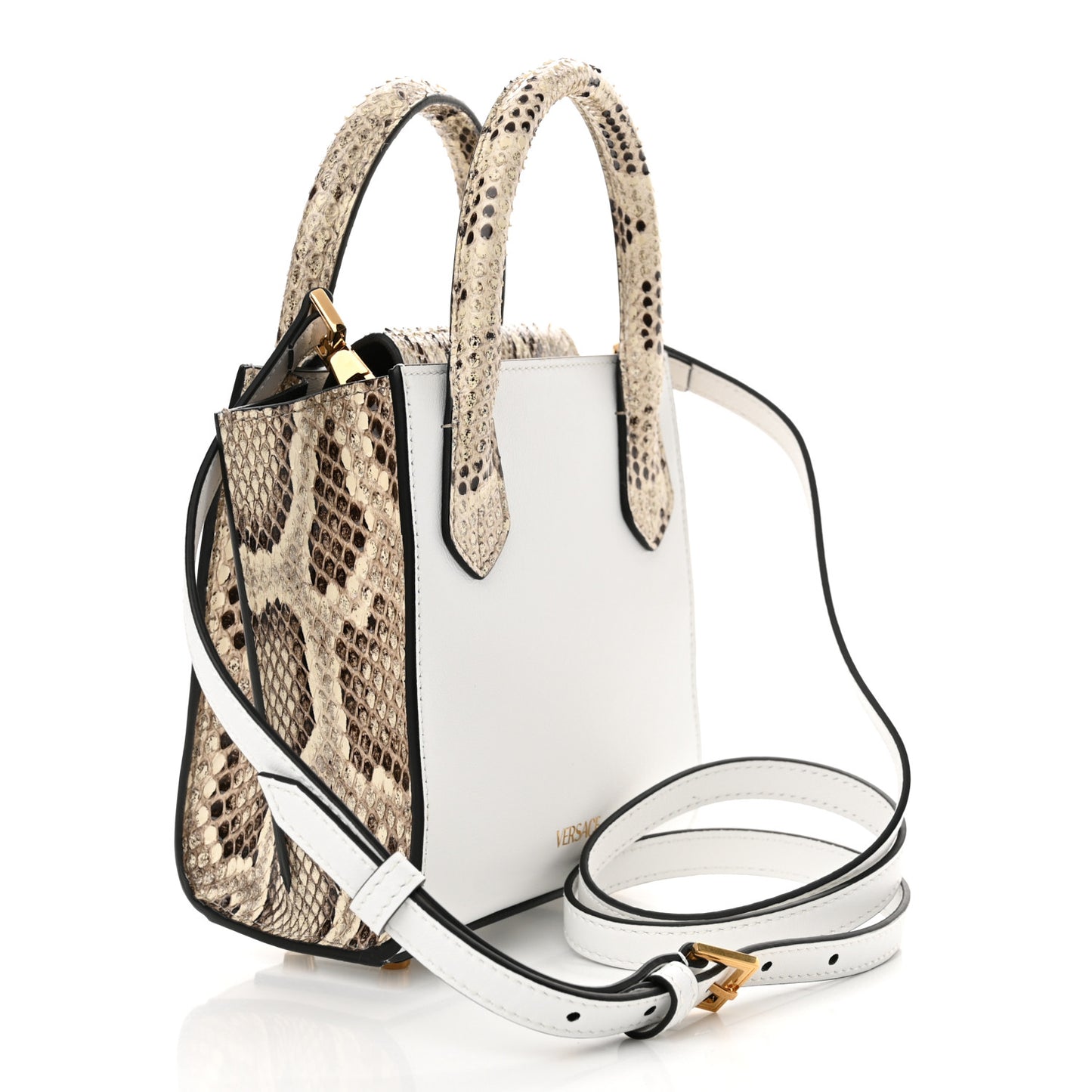 Calfskin Snakeskin Mini Virtus Top Handle Shoulder Tote Optical White Natural