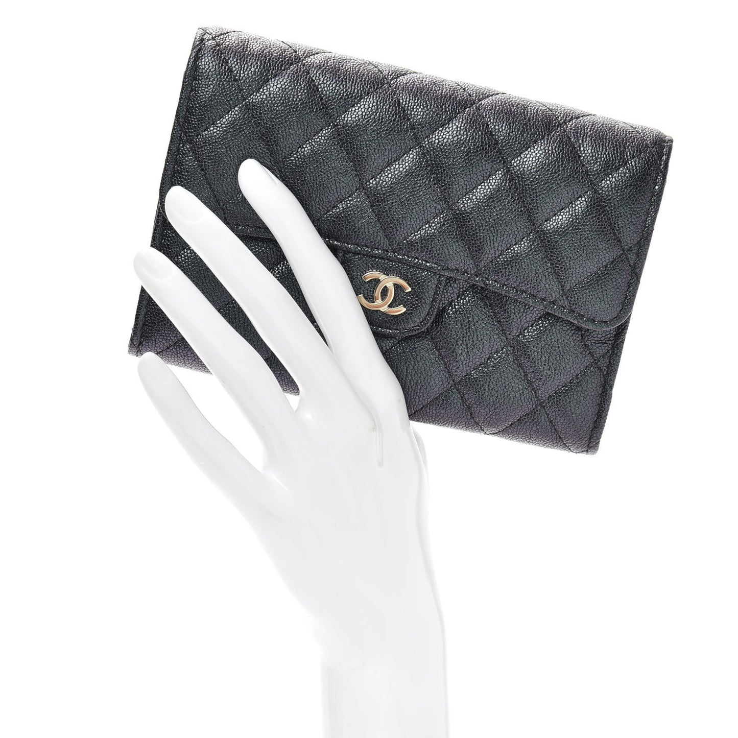 Iridescent Caviar Quilted Medium Flap Wallet Black