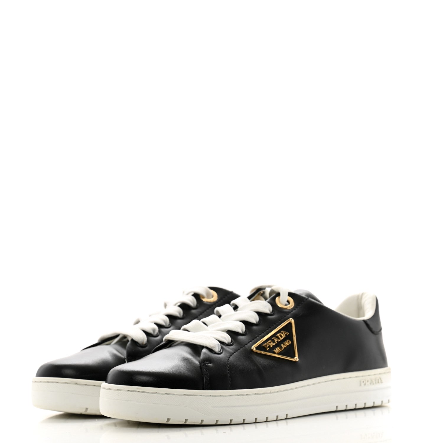 Prada Vitello Soft Metal Triangle Logo Womens Edge Low Top 30mm Sneakers 39 Black White 4 of 8