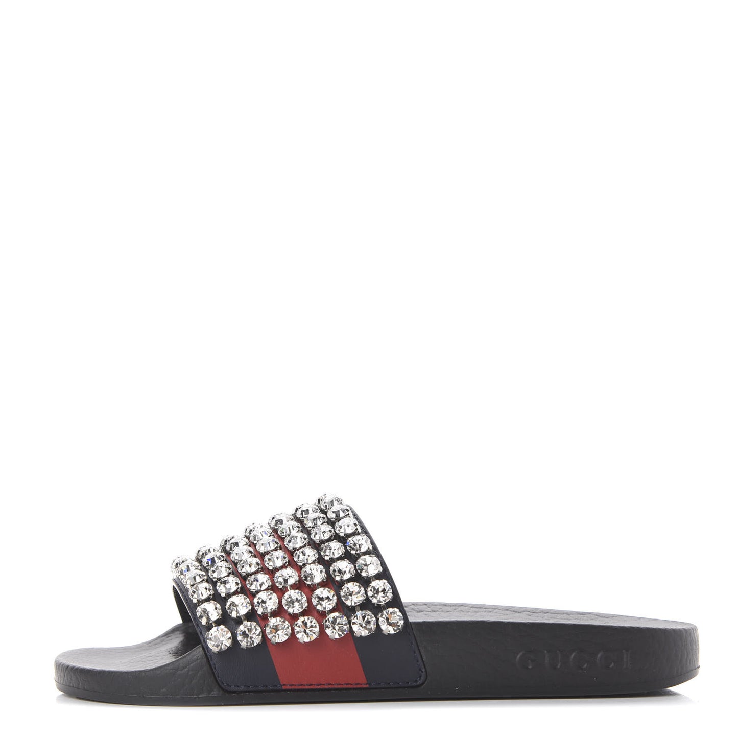 Calfskin Crystal Embellished Web Slide Sandals 35 Blue Red