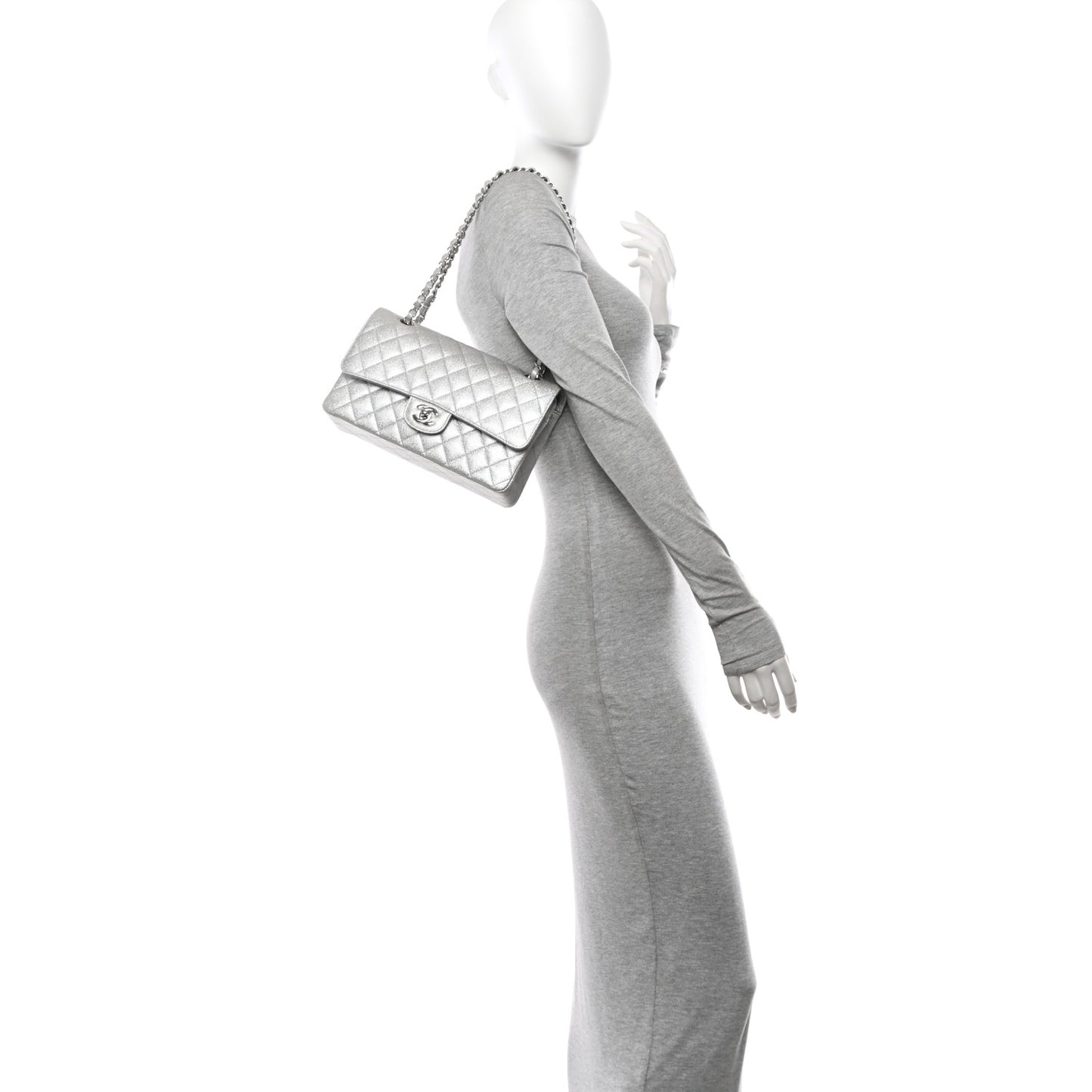 Glittered Metallic Caviar Quilted Medium Double Flap Silver