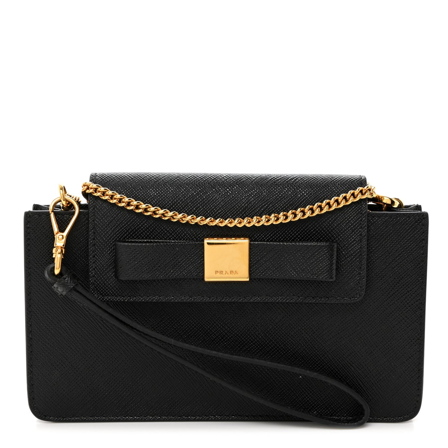 Saffiano Fiocco Metal Phone Wristlet Crossbody Wallet Black