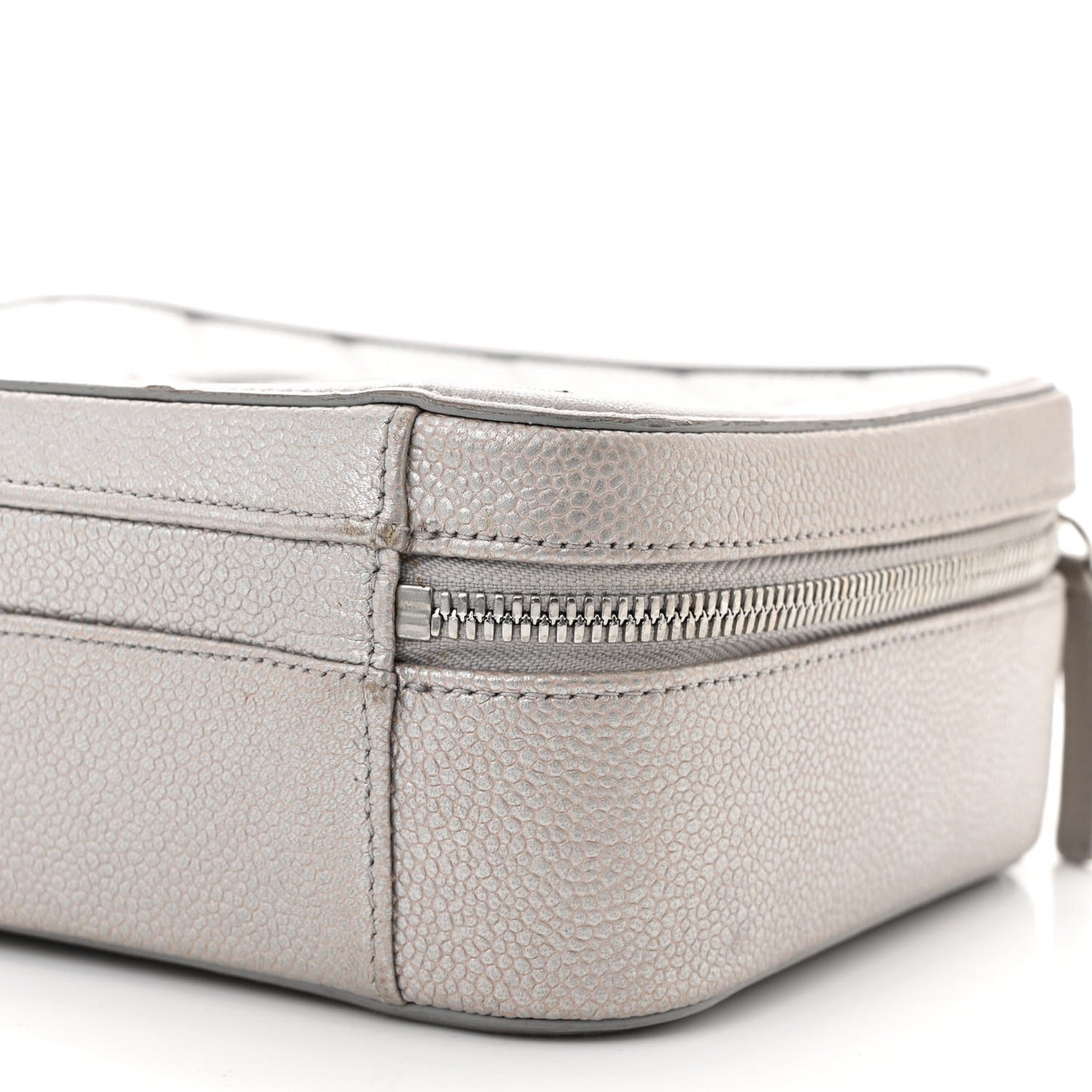 Metallic Caviar Quilted Medium CC Filigree Vanity Case Silver
