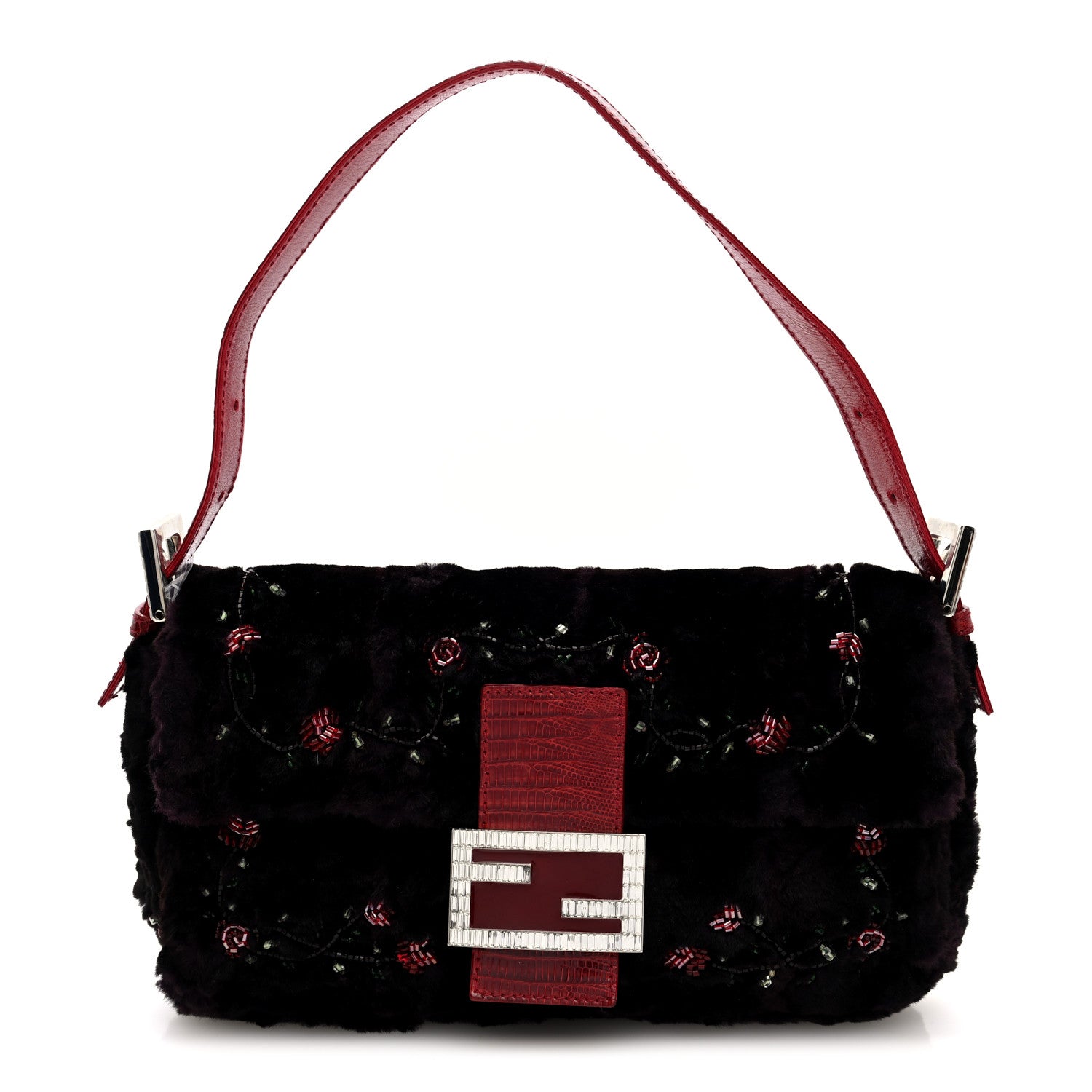 Fendi Rabbit Fur Lizard Crystal Beaded Rose Baguette Brown Red