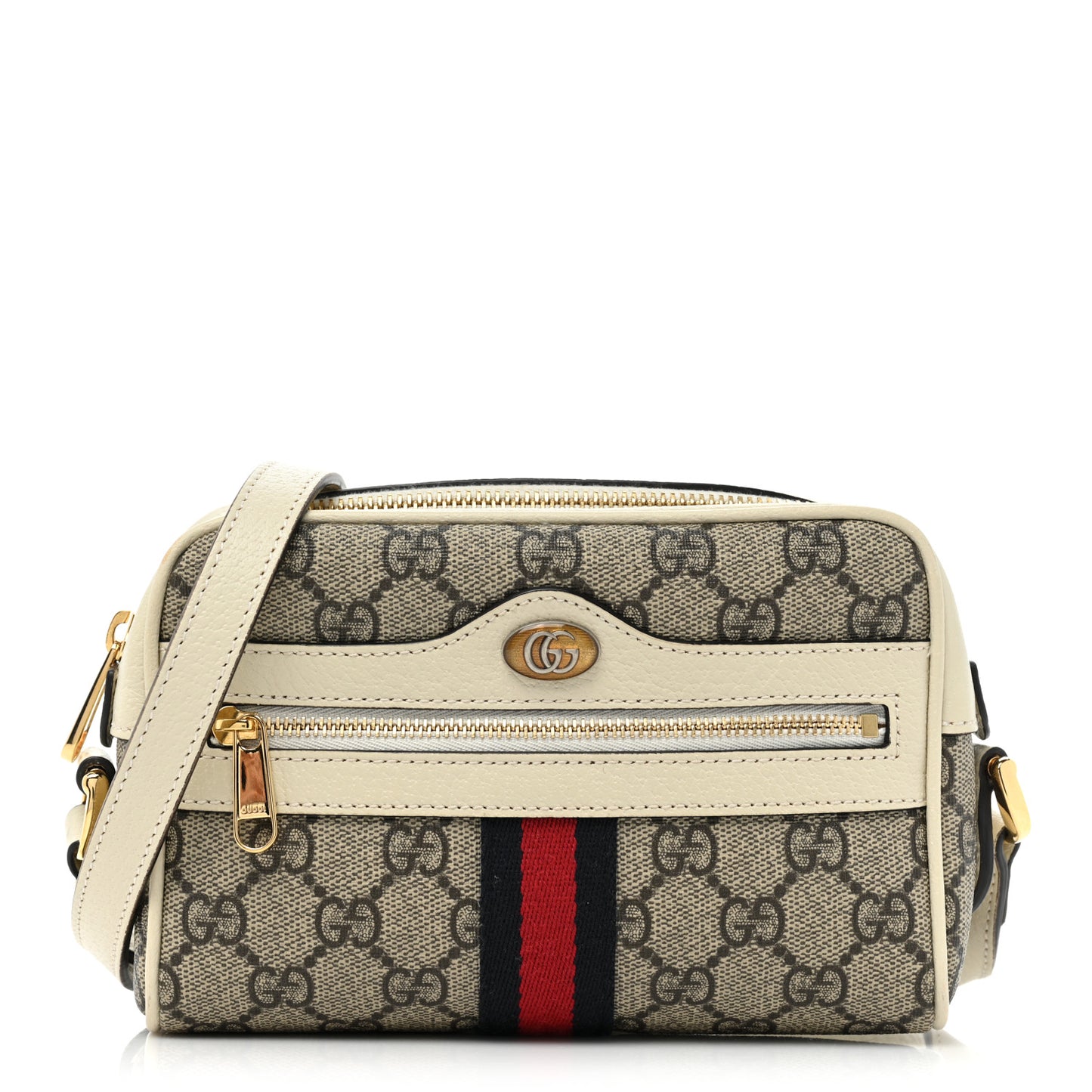 GG Supreme Monogram Textured Calfskin Web Mini Ophidia Shoulder Bag Beige Ebony Mystic White